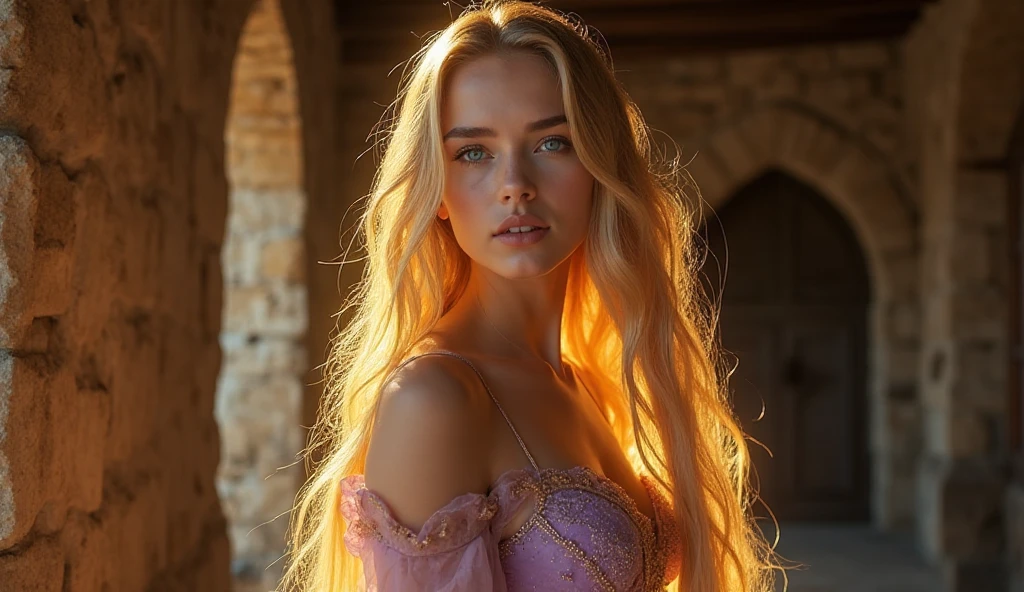 princess in blissful languor, beautiful detailed eyes, beautiful detailed lips, flowing gown, dreamy expression, golden hair cascading down, sparkling tiara, strawberry blonde curls, royal palace, soft sunlight filtering through stained glass windows, exquisite chandelier lighting, romantic atmosphere, vibrant colors, Mediterranean garden, fragrant flowers in full bloom, fountain with dancing water, whispering breeze, whimsical butterflies fluttering around, faint sound of birds chirping, lush greenery, ivy-covered trellis, endless rows of blooming roses, Prince Charming's irresistible presence, anticipating love and happiness, (best quality, 4k, 8k, highres, masterpiece:1.2), ultra-detailed, (realistic, photorealistic, photo-realistic:1.37), romantic portrait style, soft pastel color palette, dreamy lighting, ethereal ambiance