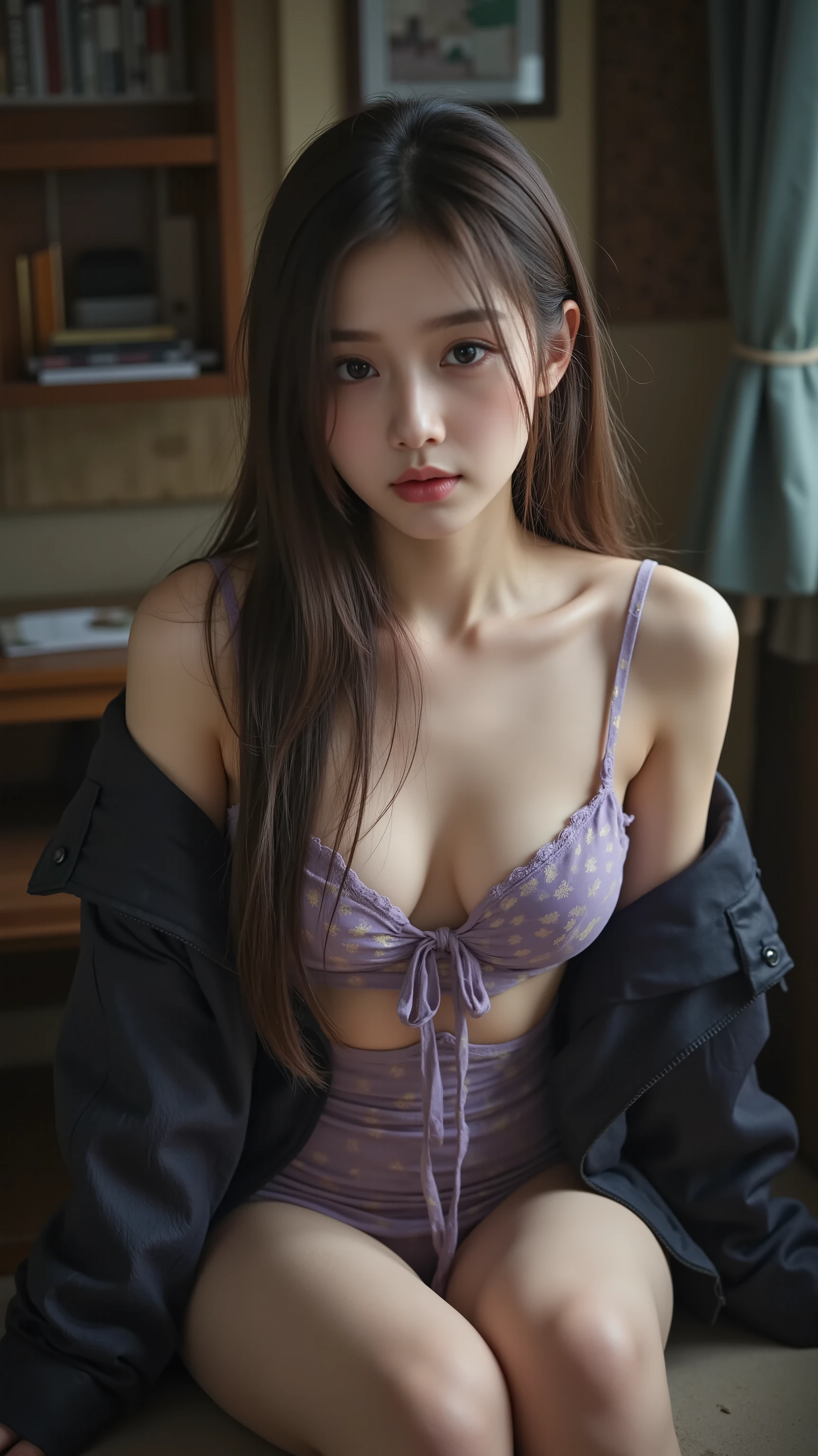 14 years old、beautiful girl、japanese、Small Faces、baby face、slender body 、thin thighs, 165 cm height.、Weight 40kg、 ((Bust Size 60cm、focus on boob)), Cup size AA、((イン魔に憑依された美少女))