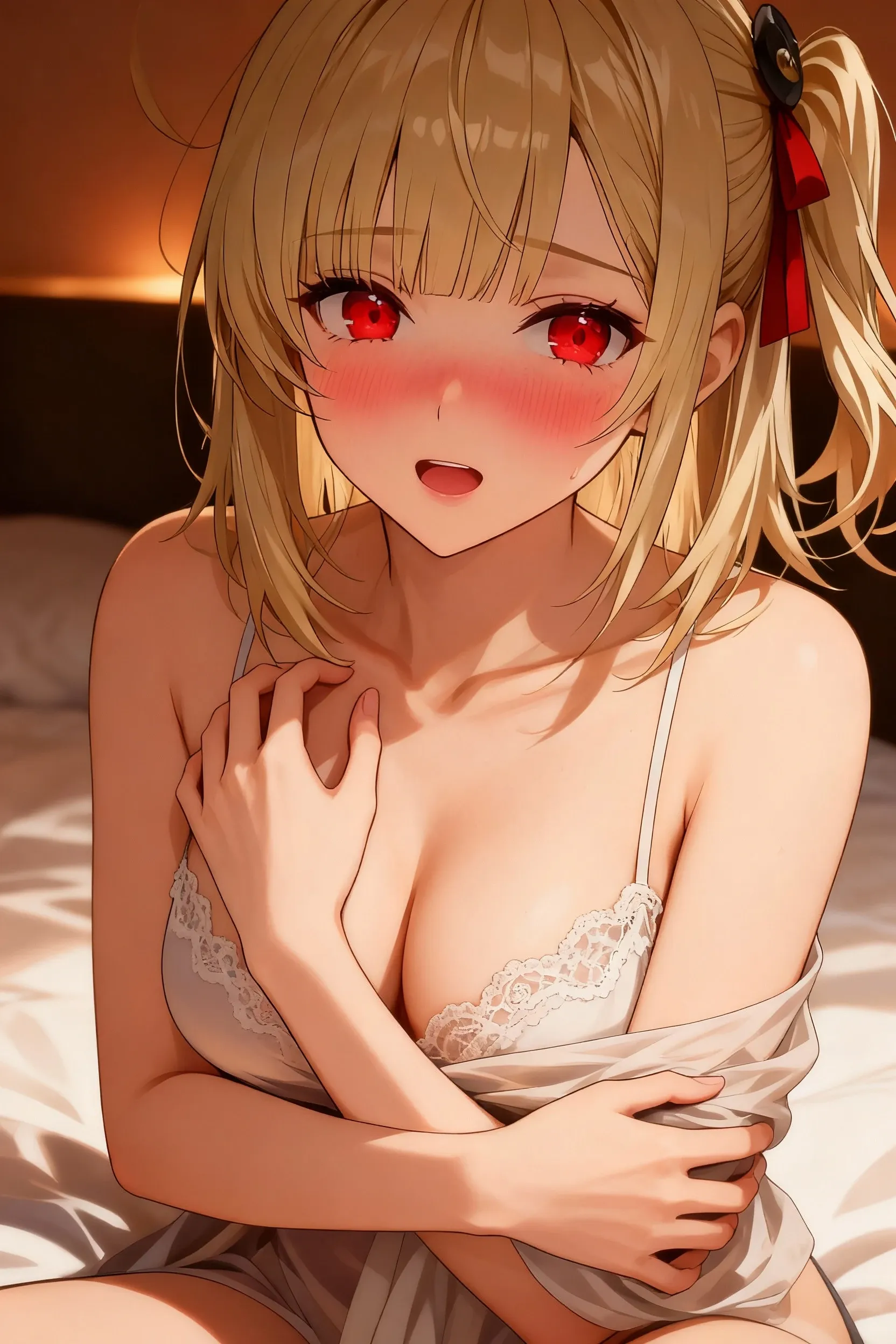 Work of art, 1 one beautiful woman, blond hair, red lips, exposed belly, bra, blushing, surrounded by pillows, lying down, sweaty, perfect, detailed image