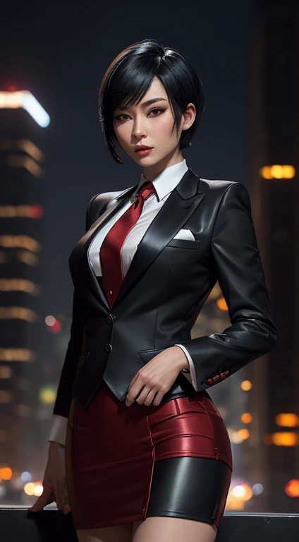 (A beautiful 25 years old Asian Hitwoman), (wolfcut black hair), (pale skin), (serious face), (wearing black and white formal tuxedo), skirt suit, (((tuxedo))), (((dress shirt))), (((black bowtie))), blazer, (((suit jacket))), (((waistcoat))), double-breasted waistcoat, (((bodycon ))), pencil skirt, tights, pantyhose, white gloves, (city at night background), view from front, waist up shot, dynamic pose, ambient lighting, photo realism, intricate face detail, intricate hand details, highly detailed, vibrant colors, cinematic, high definition, trending on Artstation--style raw, , 