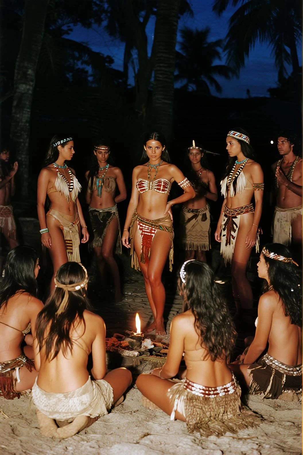 In the rugged highlands of Papua, amidst mist-shrouded mountains and verdant valleys, the Dani people gather for a traditional celebration. The scene unfolds near the Baliem River, where thatched-roof huts and intricately woven rattan fences dot the lush landscape.

The air is infused with the aroma of roasted pig and sweet potatoes, complemented by the earthy scent of wild herbs and jungle fruits used in Dani cuisine. slightly smiling seductive Women adorned in grass skirts and intricate beadwork, and men wearing feathered headdresses and pig tusks, gather around a central firepit adorned with volcanic stones. Here, storytelling and ceremonial chants echo through the valley, recounting the exploits of ancestral heroes and the harmony between humans and nature.

Under a canopy of stars and the watchful gaze of moss-covered trees, a woman with open eyes and a gentle smile joins the dance, her movements synchronized with the rhythmic beat of bamboo drums and resonant chants. Children marvel at the flickering firelight, while elders pass down oral traditions that impart wisdom and strengthen community bonds.

As moonlight bathes the scene in an ethereal glow, the Dani people embody a profound connection to their land and heritage, celebrating their resilience and cultural identity amidst the timeless beauty of Papua's highlands.
