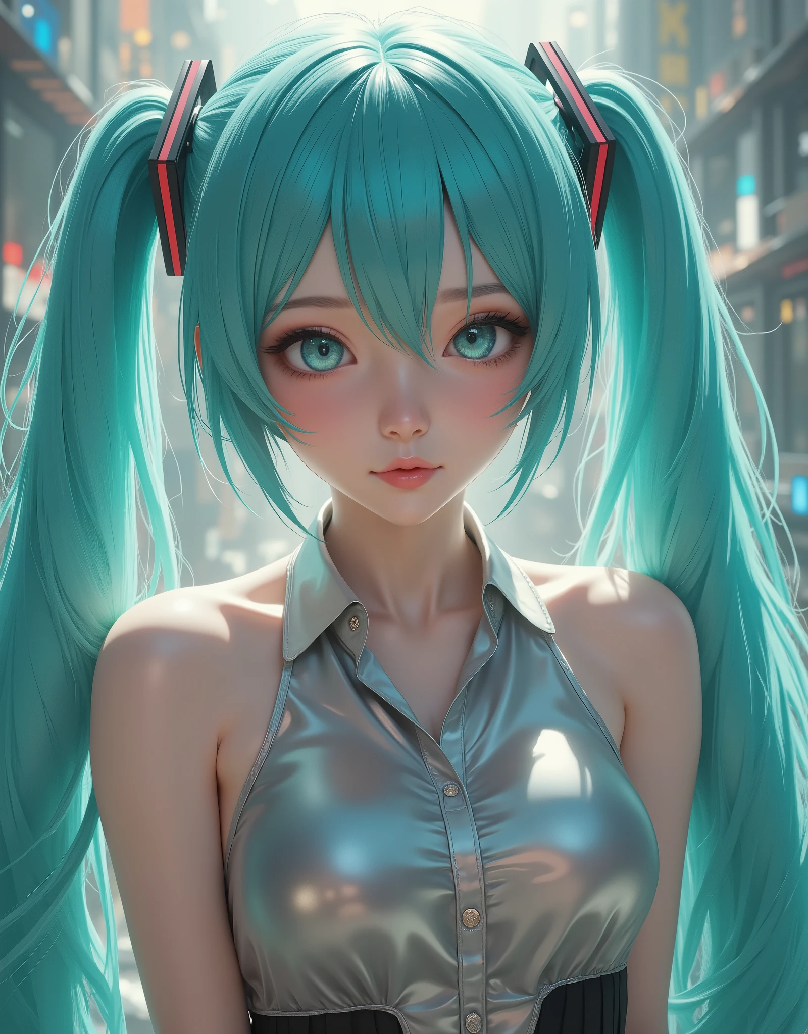 foreground (hyperrealistic) The ((Hatsune Miku)),rostro hermoso,hair ((verThe esmeralda)),((very long twin pigtails)),eyes granThes,eyes ((verThe esmeralda ultraThetallados)),Thetalles finos en el rostro,pestañas largas y Thefinidas,textura realista The piel,subtle glows on pale skin like porcelain,emphasized bust,perfect anatomy,Sleeveless silver shirt,hombros Thescubiertos,mangas The campana negras,corbata The cuello verThe esmeralda,short black pleated skirt,Thigh-length black tights,(RAW photo),(photorealistic),(hyperrealistic),(masterpiece),(High Quality),(Thefinición 8K),(ultra Thetallada),(resolución absoluta),(Thetalles exquisitos),(hdr),realistic style,iridescent effects, surreal background,cinematic lighting,contraste dinámico The luz y sombra