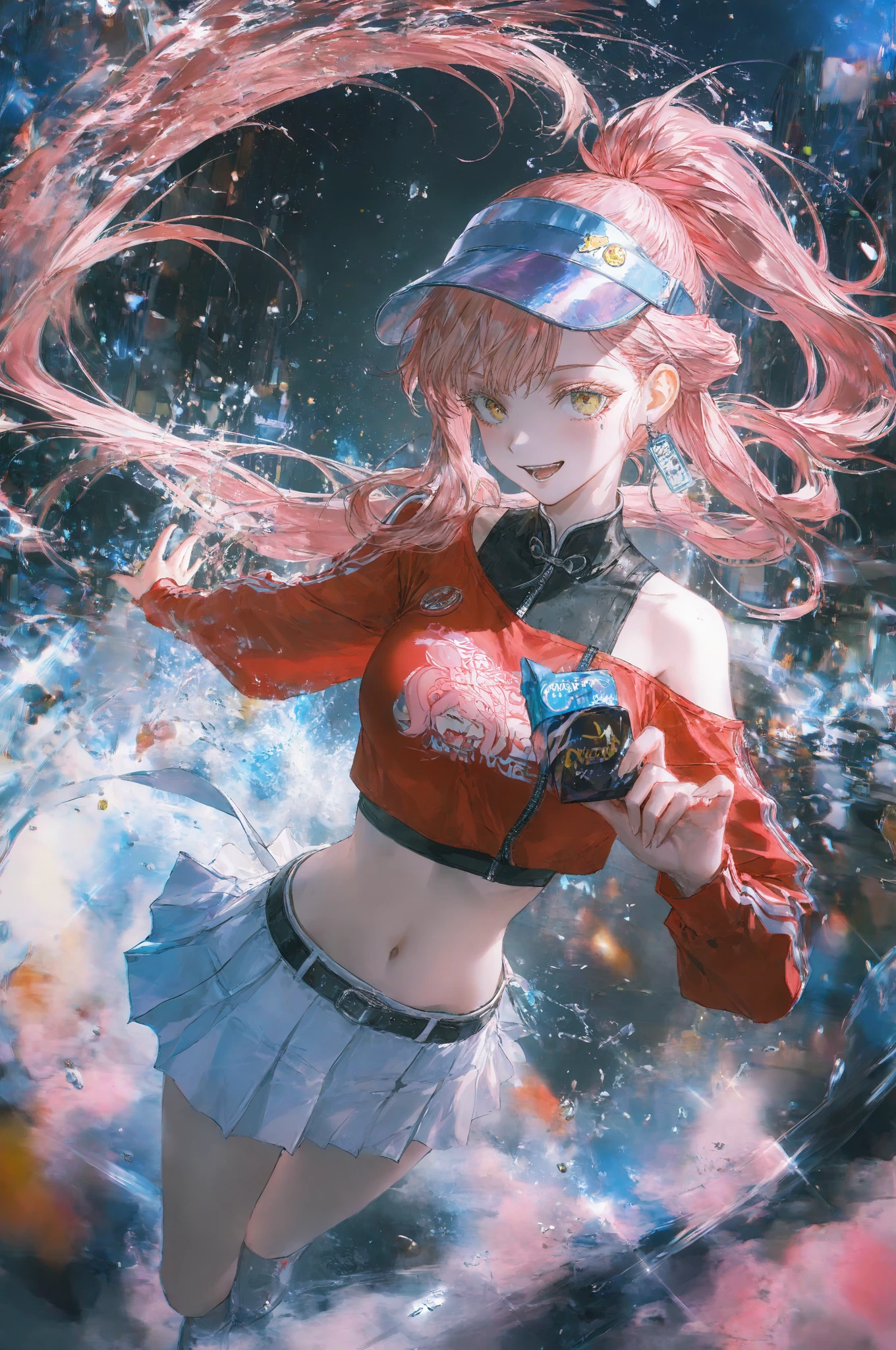 masterpiece, best quality, highres, dragon ball, blmpony, aqua hair, hair ribbon, braided ponytail, pink shirt, belt, scarf, pink skirt, clothes writing, brown gloves, medium breasts, outdoors, cowboy shot, waving, smile