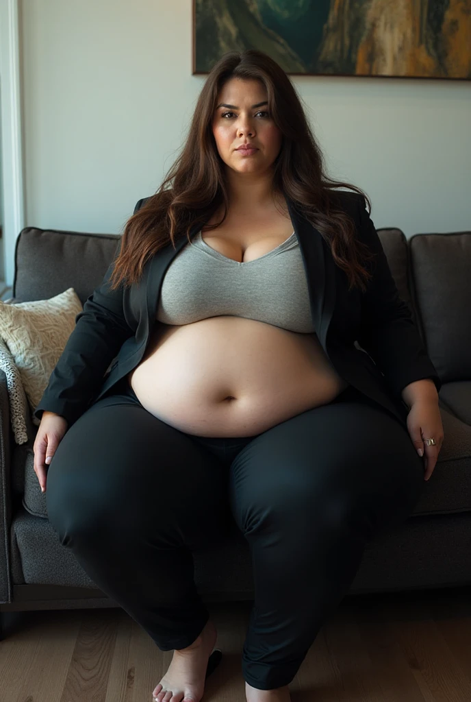Highest quality, solo, Obese woman, gorgeous face, messy bun hair with bangs, tight t-shirt, yoga pants, sitting on a couch, she  to let her belly hang, swollen belly 