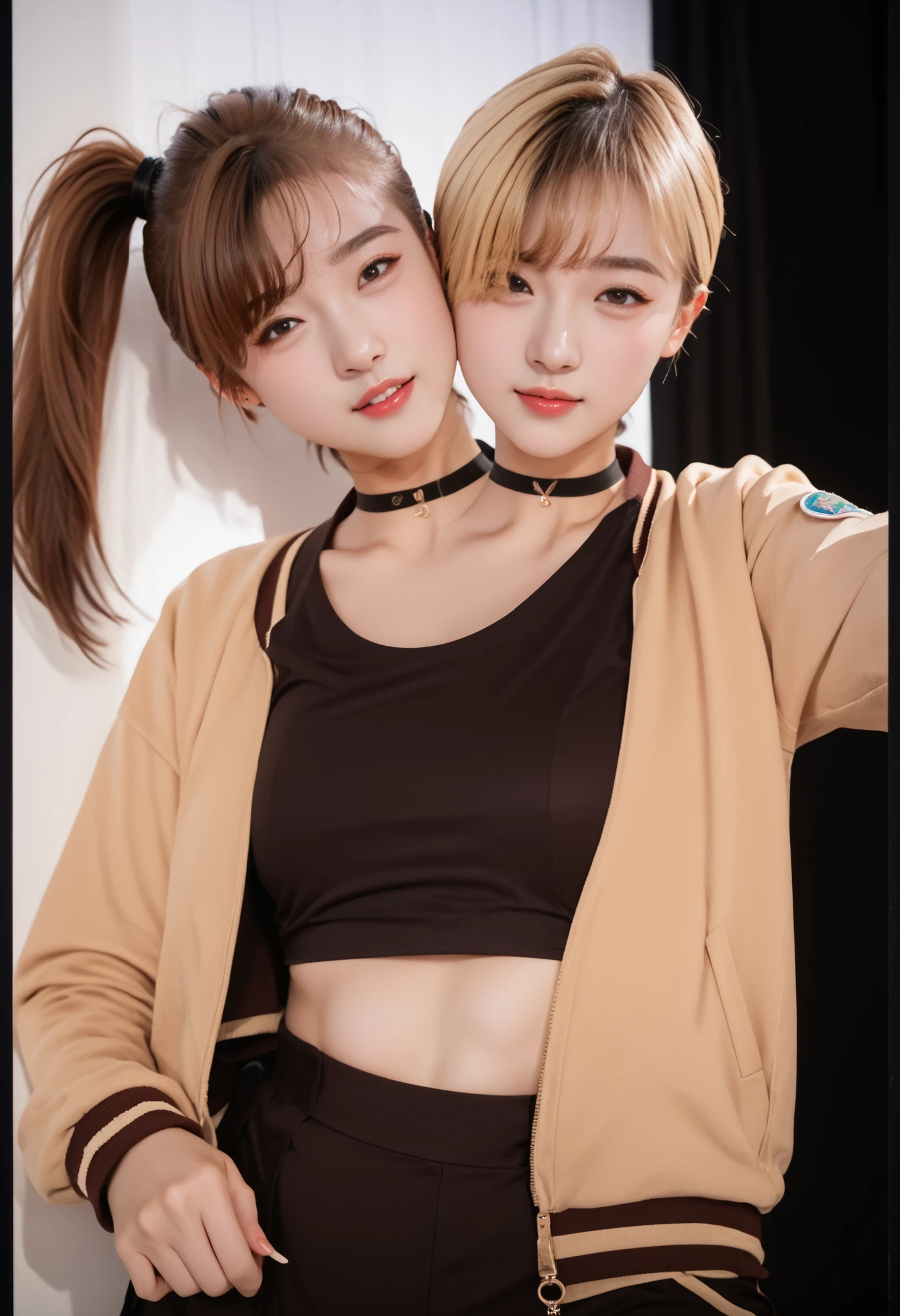 ,best resolution, 2heads,  half-body shot, korean woman with two heads , brown hair, blonde,  forehead, fringe bangs, chokers, different hairstyles, pixie cut and ponytail,  different faces, varsity jacket, stage background, detailed skin