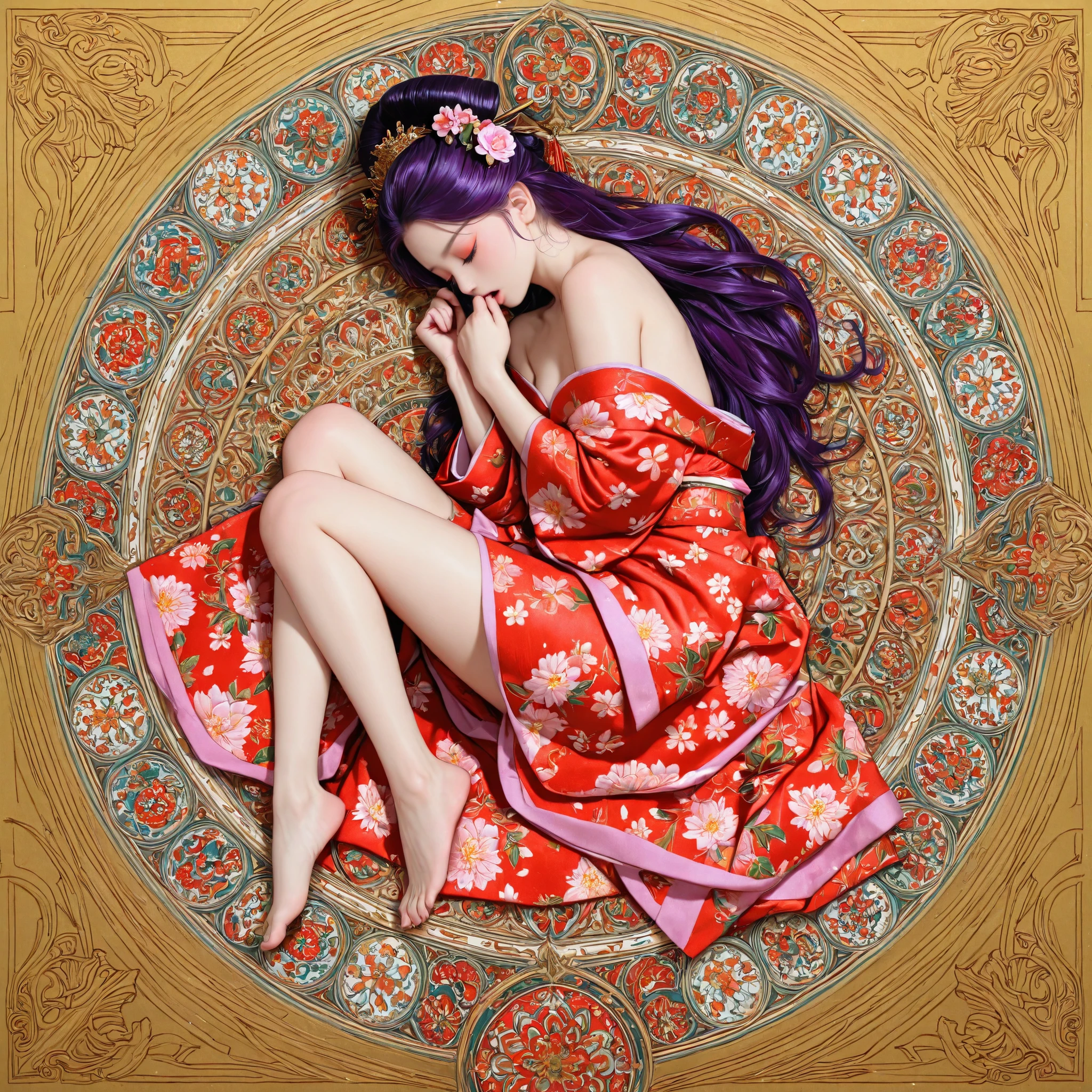 kimono toddler girl, big head, baby-like face, infant body shape, white skin, short limbs, (((dark long reddish-purple long hair))) (((ツインテールヘアー))) ((big eyes)) (((close eyes))) gold, silver and floral hair ornament, open mouth, full body, dewy skin, hands up,
BREAK,
(Japanese kimono) (((5枚の重ね着))) (((Oiran-style))) (Oiran kimono) (((naked shoulders))) ((long kimono)) (((orange and pink and white and red kimono))) (kimono adorned with gold and silver high detailed floral patterns) ((白いストール)), full body, little character, lie down, side view,
BREAK,
(zentangle, mandala, tangle, entangle), (ecstasy of flower:1.2), golden background, the most beautiful form of chaos, elegant, a brutalist designed, flower art, zentangle, mandala, tangle, entangle, vivid colours, romanticism, atmospheric,
BREAK,
official art, unity 8k wallpaper, ultra detailed, beautiful and aesthetic, beautiful, masterpiece, best quality ((by Mucha)) ((art deco)) ((botanical art)) ((flower art)) ((floral)) ((colorful)) masterpiece, high resolution, high definition, highest quality, digital painting, 4k, HDR, delicate texture, enchanting atmosphere,
BREAK,
(最高品質, 8k,32K,傑作, 超高解像度:1.2),非常に詳細なCGユニティ8K壁紙,複雑な詳細,生写真,(写実的:1.4),雰囲気,超高解像度,現実istic,現実,巨大な_ファイルサイズ,非常に高解像度,(中央揃え:1.3),超イラスト,(超詳細な),シネマティックライティング,様々な色,被写界深度,アート:クレンツ・クシャールト,ゴールデンアワーライティング, を正確に描いた ,シグマアートレンズ 35mm F1.4,ISO 200 シャッタースピード 2000