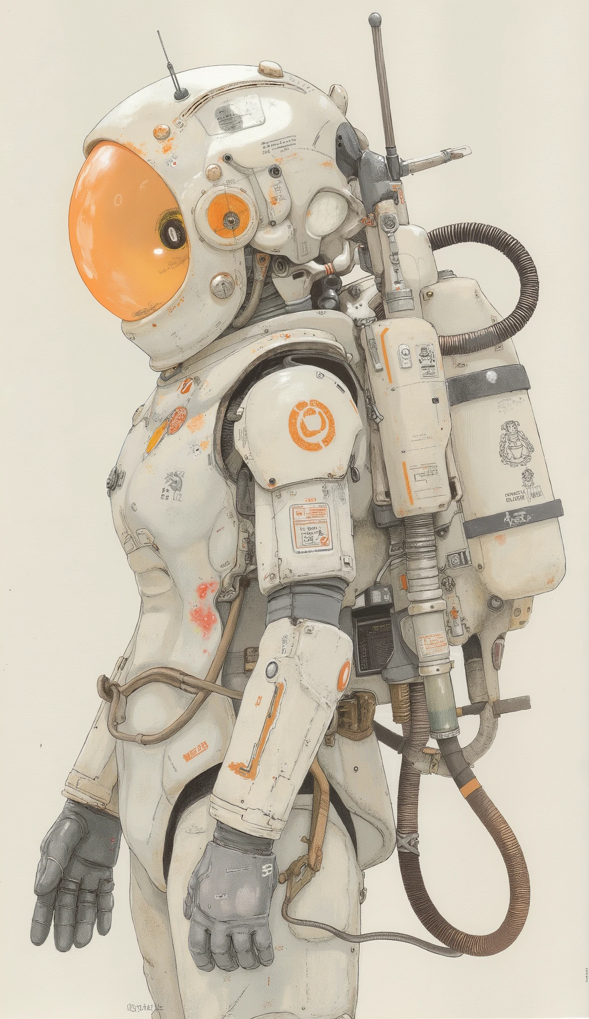 close-up of a robot holding an oxygen cylinder, Mecha, Kato Haruhisa、Detailed illustration、Seimitsu, There is a statue of a woman wearing an organic , Mechaスーツ, Detailed space suit, Detailed astronaut, Orange coloring、Sci-Fi spacesuit, futuristic spacesuit, , Mechaスーツ, Full space suit, Close up of a robot holding a、マナティーの形をしたMecha、robot,robo,fire ball,powered suit,armored suit,Ma.k