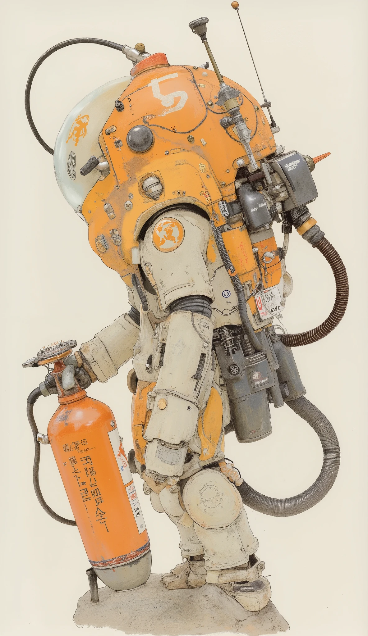 close-up of a robot holding an oxygen cylinder, Mecha, Kato Haruhisa、Detailed illustration、Seimitsu, There is a statue of a woman wearing an organic , Mechaスーツ, Detailed space suit, Detailed astronaut, Orange coloring、Sci-Fi spacesuit, futuristic spacesuit, , Mechaスーツ, Full space suit, Close up of a robot holding a、マナティーの形をしたMecha、robot,robo,fire ball,powered suit,armored suit,Ma.k