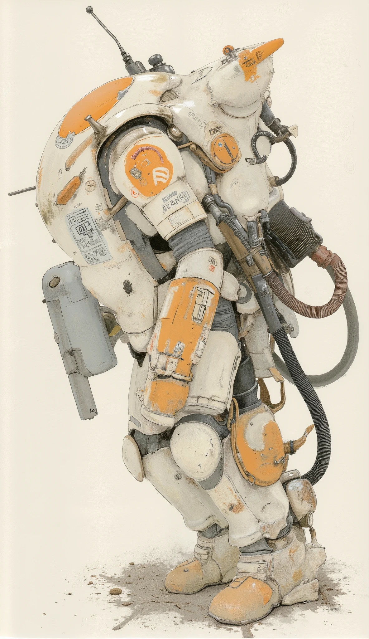 close-up of a robot holding an oxygen cylinder, Mecha, Kato Haruhisa、Detailed illustration、Seimitsu, There is a statue of a woman wearing an organic , Mechaスーツ, Detailed space suit, Detailed astronaut, Orange coloring、Sci-Fi spacesuit, futuristic spacesuit, , Mechaスーツ, Full space suit, Close up of a robot holding a、マナティーの形をしたMecha、robot,robo,fire ball,powered suit,armored suit,Ma.k