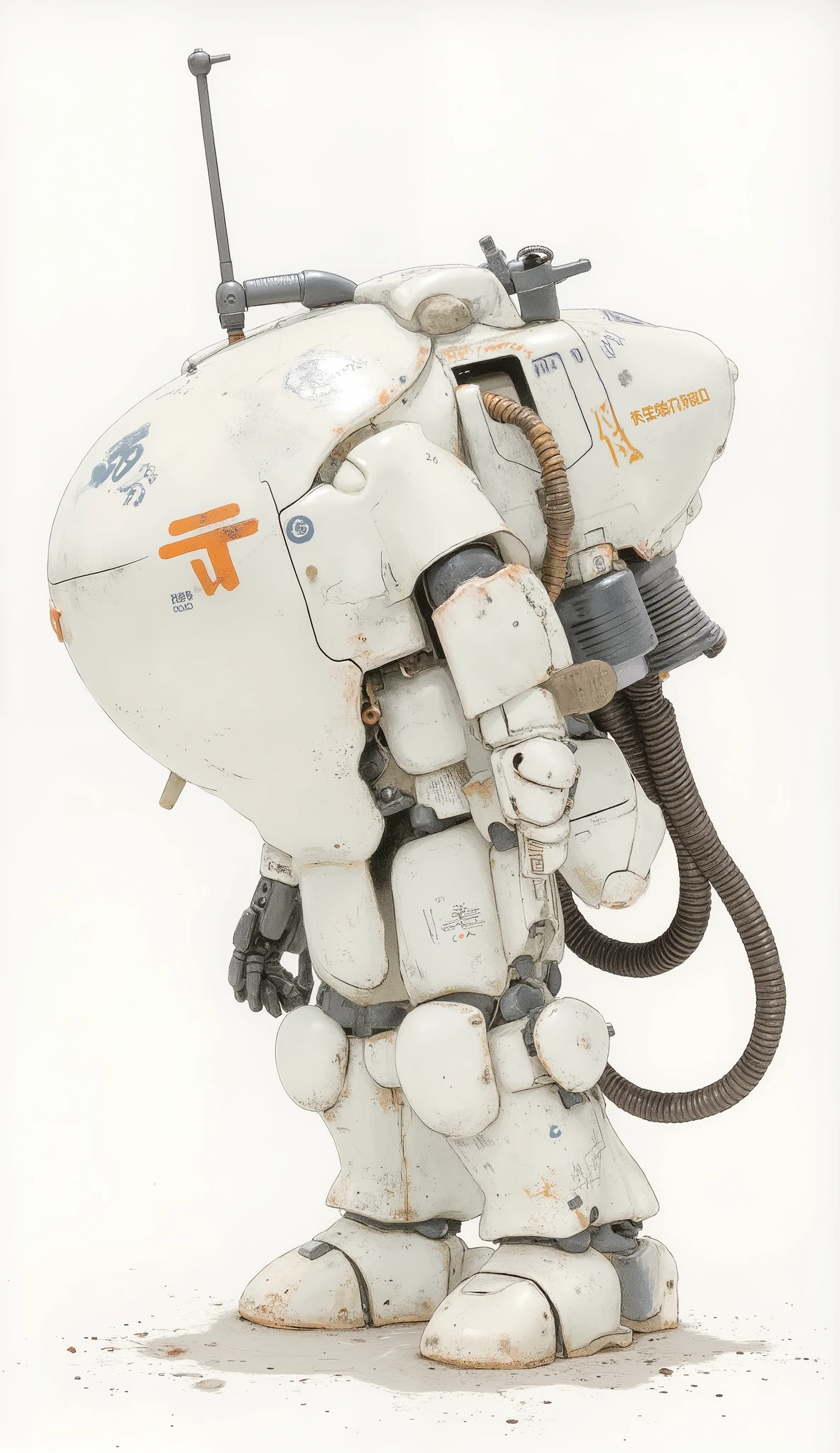 has a toy robot standing on a white surface, Sleea,orange painted action figure,Detailed illustration、 Gouf , Gouf mobile suit, pit droid, Ashley Wood, Zaku, Ver. Kamekamacinarium , Action Figure Mecha, Machinen Krieger, White Mecha, with slight ultramarine highlights, Ashley Wood Style、robot,robo,fire ball,powered suit,armored suit,Ma.k