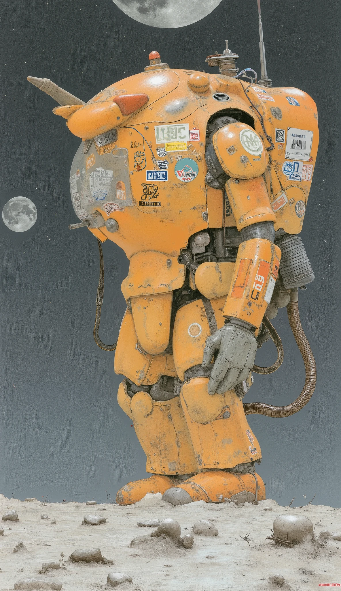 there is a robot standing on the surface of the moon, Sleea,robot painted orange,Detailed illustration、Gouf , Gouf mobile suit, pit droid, Ashley Wood, Zaku, Ver. Kamekamacinarium , Action Mecha , Machinen Krieger, Orange mecha, has lots of corporate stickers on it、with slight ultramarine highlights, Ashley Wood Style、robot,robo,fire ball,powered suit,armored suit,Ma.k