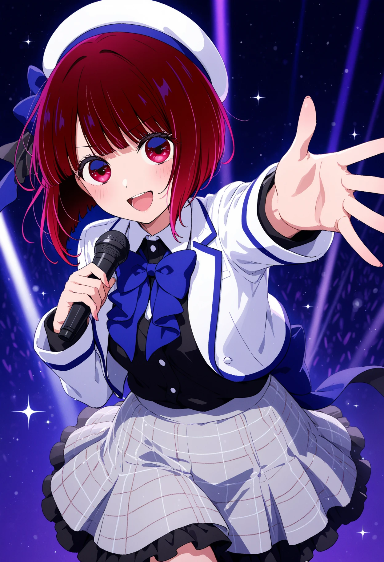On the stage,dancing ,,redhead,Big eyes、laughter、short hair、beret ,(((realistic white lace ))),masterpiece ,8k unity wallpaper,anime key visual,highest quality, High resolution, unity 8k wallpaper, (shape:0.8), highly detailed face,highly detailed eye,glowing eyes , shiny skin,fine skin,white skin,dense skin,detailed hair,highly detailed legs,perfect lighting, Detailed CG, (perfect hands, perfect ),High resolution,anime key visual,Kyoto Animation,(Detailed wear ),slender limbs, delicate curves, dainty hands, tiny feet,figure:0.8