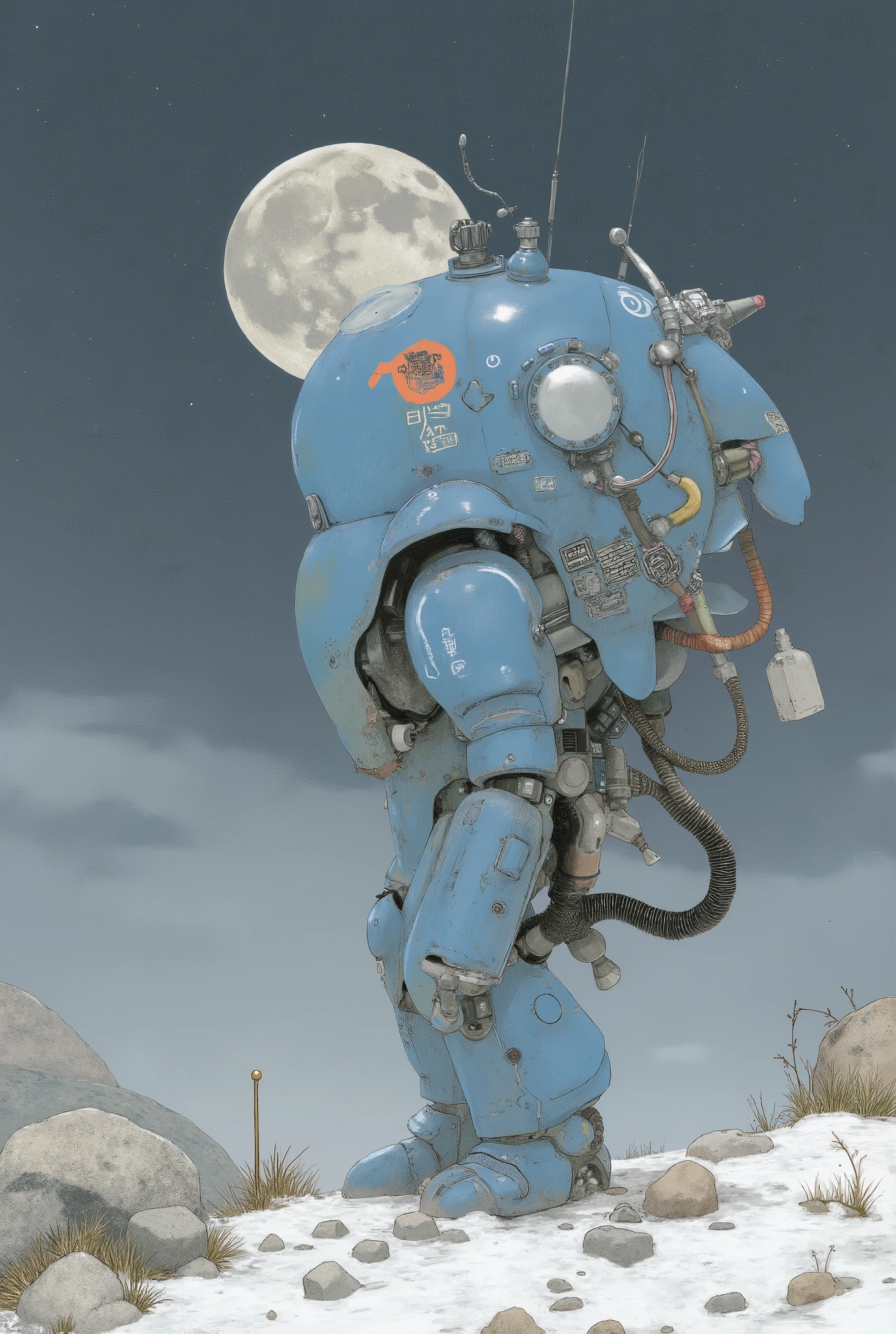 A blue robot is standing on the moon with its feet, メカ shaped like a manatee, miniature Tachikoma, with slight ultramarine highlights, Detailed illustration、detailed illustration、metal gear mecha, Mecha body , Tachikoma, # Mecha A, Mecha suit, seapunk Mecha A, humanoid mecha, weatherproof armor plate, action figure Mecha A, robot,robo,fire ball,powered suit,armored suit,Ma.k