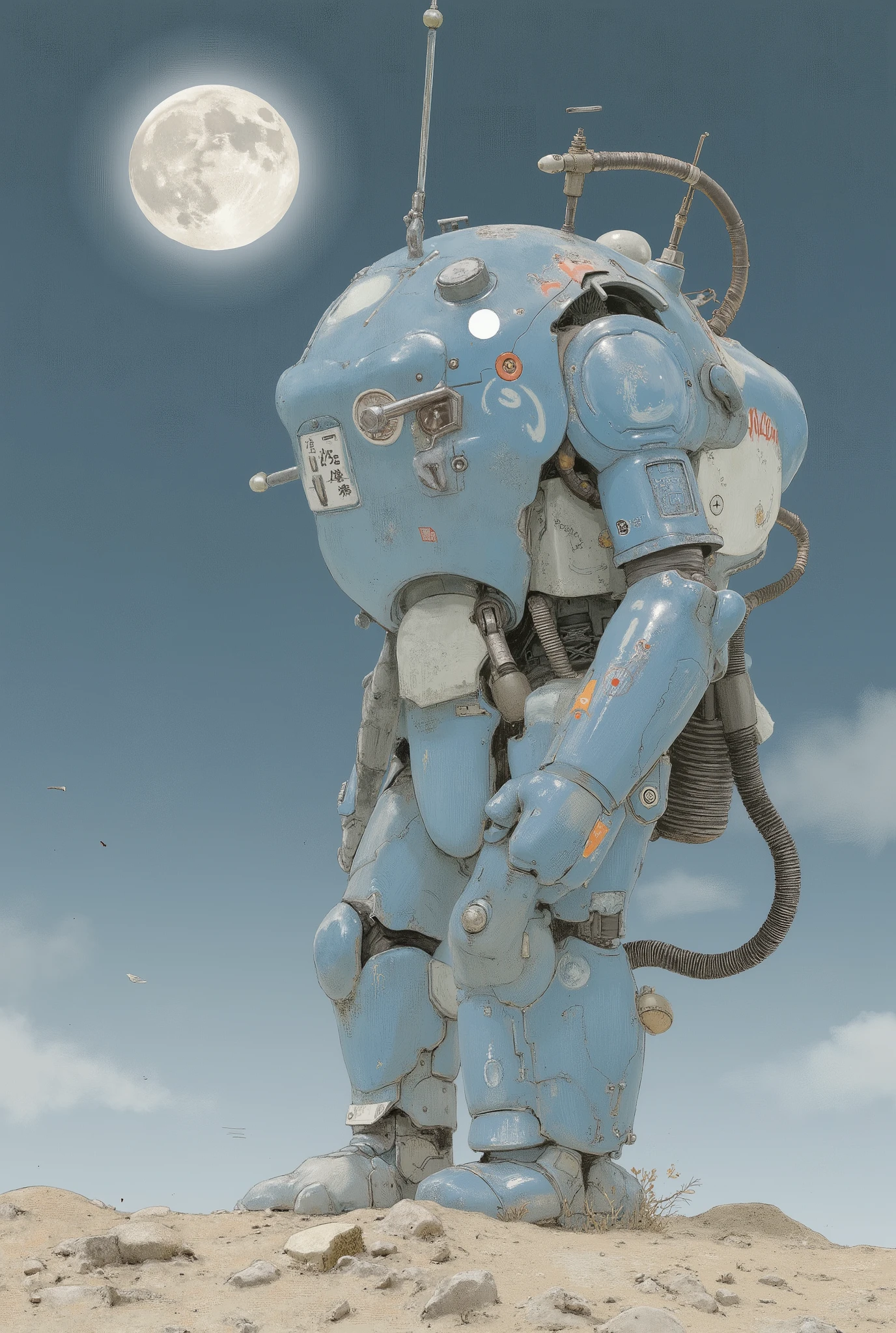 A blue robot is standing on the moon with its feet, メカ shaped like a manatee, miniature Tachikoma, with slight ultramarine highlights, Detailed illustration、detailed illustration、metal gear mecha, Mecha body , Tachikoma, # Mecha A, Mecha suit, seapunk Mecha A, humanoid mecha, weatherproof armor plate, action figure Mecha A, robot,robo,fire ball,powered suit,armored suit,Ma.k