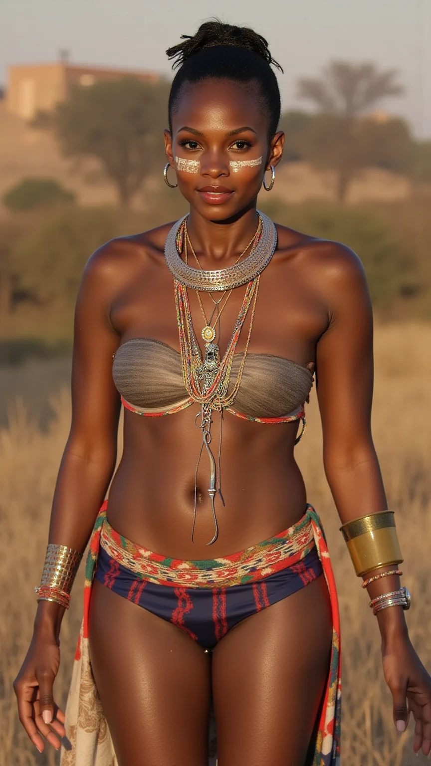 Black women, African warrior tribal clothing, Muscular female body, big , In a desert, 