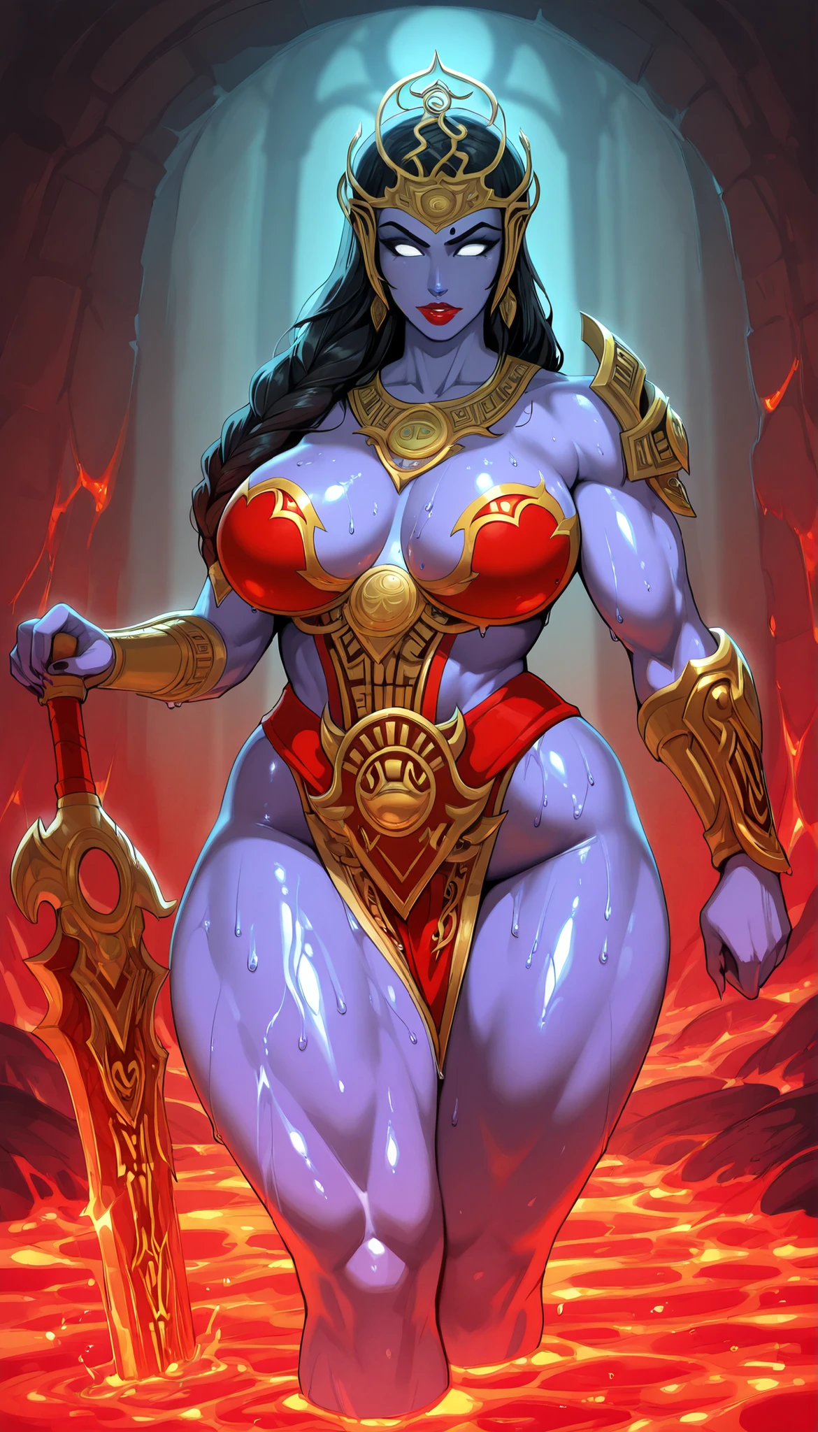 1woman in armour, have sword in jand, Goddess Kali, long, Kali from smite, purple skin, inside lava, molten lava, solo, mature, no pupil, white eyes, simple look, no jewellery, Indian woman, medium breast, , thick muscular thighs, wide curvy hips, voluptuous body, red bindi on her forehead, red lipstick, masterpiece, looking at viewer, perfect lighting, wet skin, oily skin