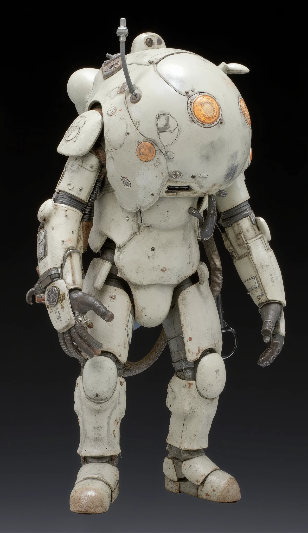 This image、probably designed for military or exploratory applications in SF settings {x} sturdy and well It features a highly detailed model of a futuristic robot exosuit with an armored design。The exosuit、adds contrasting warmth to the design、grill It introduces a visor-like area of the pattern。detailed illustration、Lunar Surface、highlights the、joint、shoulder、and includes a complex joint system that suggests range of motion、enhances the robot's formidable appearance。Mechanical features include the、numerous panels and vents、および可動域を示唆する複雑なjointシステムが含まれます。head section、configuration conveys a sense of strength and advanced technology、model。with a simple black background、gives it a sophisticated industrial look。 as a whole 、is mostly colored in metallic silver and the、There are circular bronze and copper-like details on various panels。silver、lighting enhances the texture and emphasizes the intricate craftsmanship of the、robot,robo,fire ball,powered suit,armored suit,Ma.k