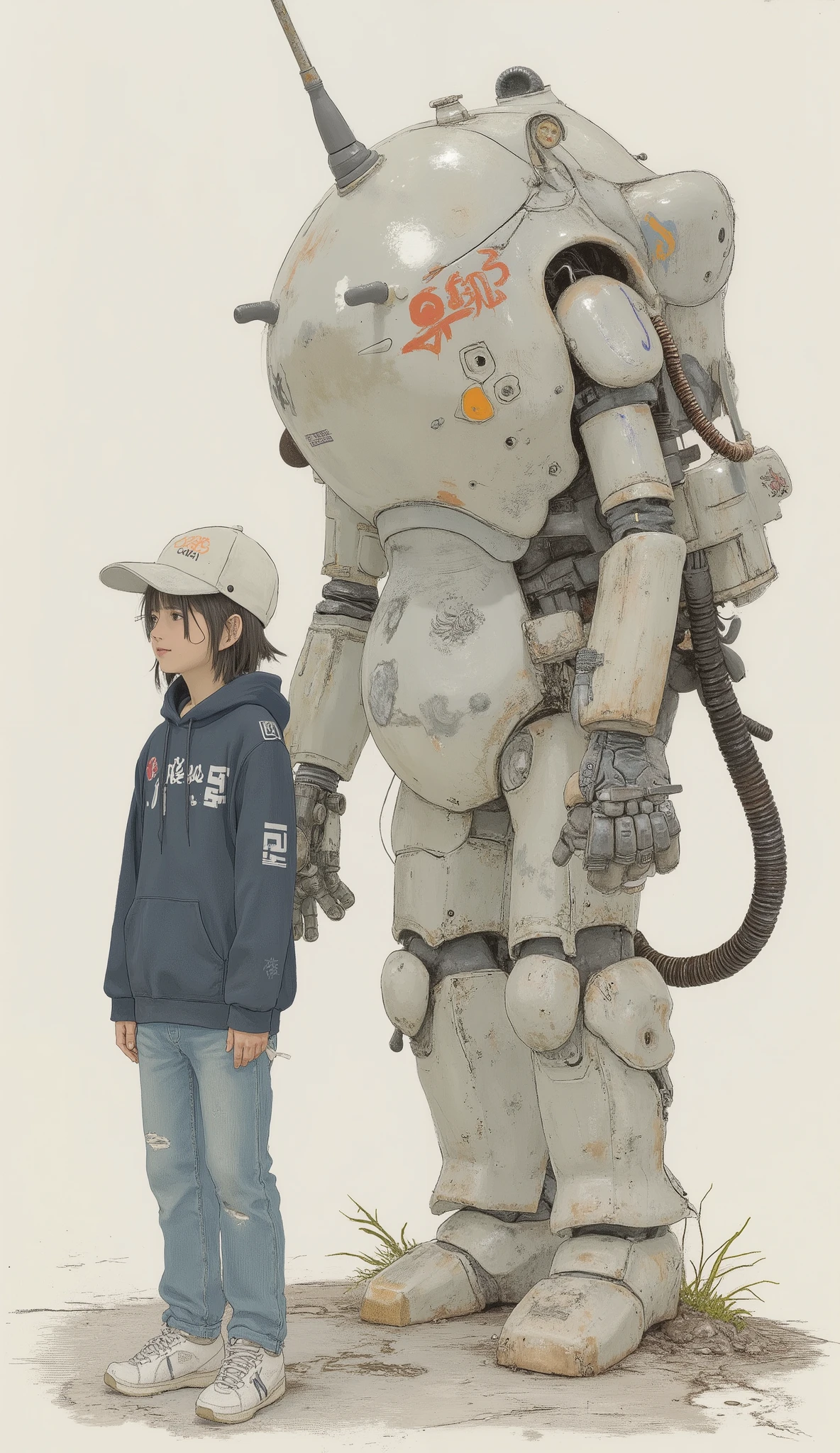 Aerial photography、shot with a wide-angle lens、There is a Japanese high school girl standing next to a robot wearing a baseball cap、dark blue hoodie、jeans,Nike sneakers、18 year old woman、 Kato Haruhisa Seimitsu, There is a statue of a woman wearing an organic , full body 1 / 6 nihei tsutomu, Mecha Girl, kastuhiro otomo, ORANGE PAINTED ACTION FIGURE, Author Katsuhiro Otomo, Machinen Krieger, animated robot mixed with organic matter、robot,robo,fire ball,powered suit,armored suit,Ma.k