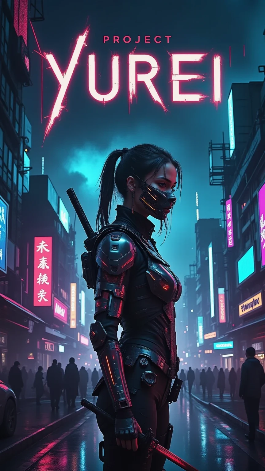 Project YUREI” in bold, minimalist, high-tech typography across the upper third of the cover.
Cinematic cyberpunk scene: a lone female figure (Hanako) standing on a rain-soaked rooftop in Neo-Kyoto, side view. Long dark hair, fitted tactical clothing, katana in hand, faint cybernetic lines glowing along her spine. Neon signs and holographic kanji reflect in puddles. Distant silhouettes of megacorp towers loom above, with subtle hints of surveillance drones in the fog.
Cool color palette: deep blues, silvers, violets.
Mood: mysterious, tense, atmospheric; a world of corporate shadows and hidden augmentations.
High-detail, realistic lighting, dramatic contrast, soft mist and drifting embers.