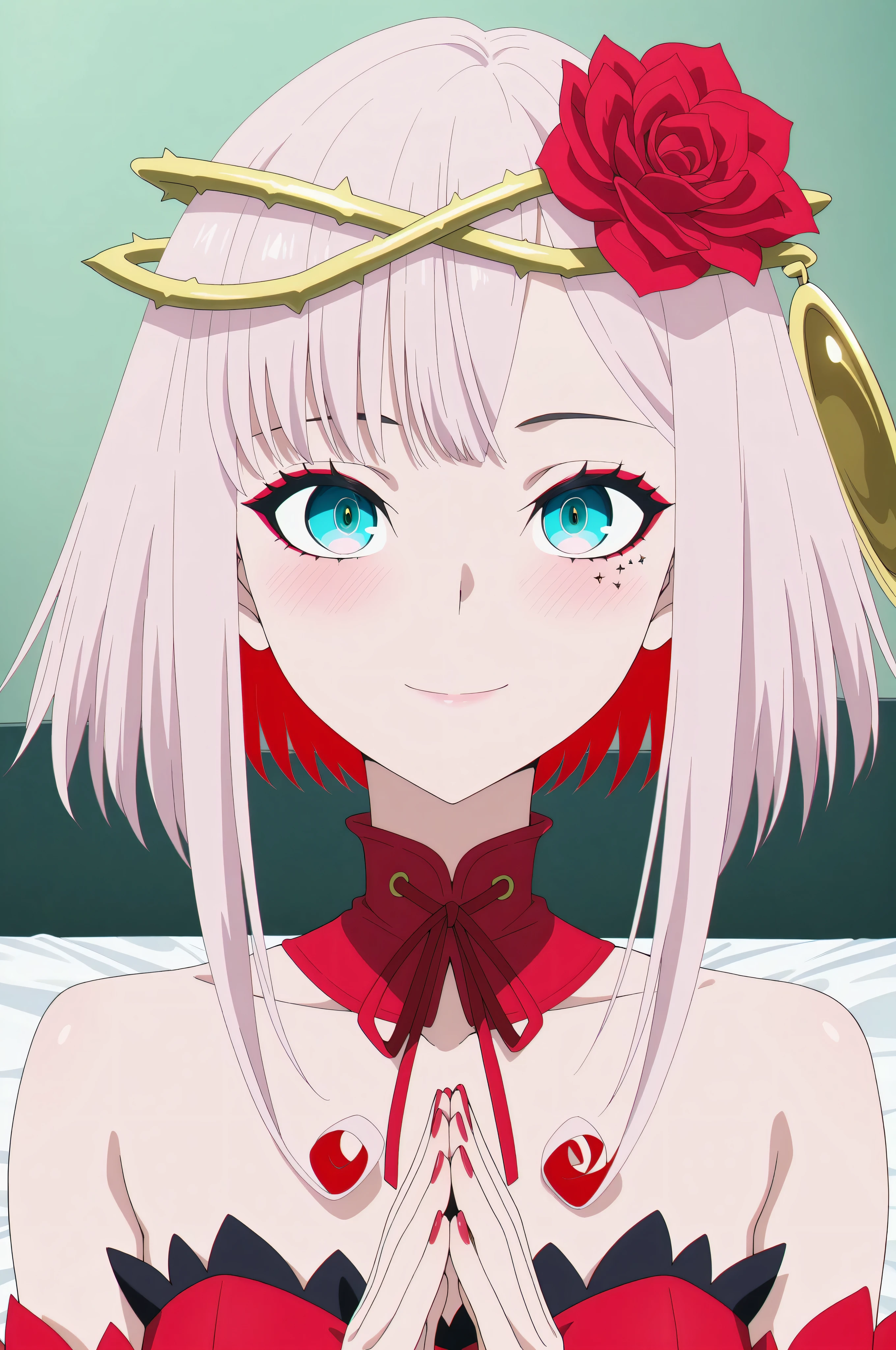 1 niña, solo, solo mujeres, SFW,
masterpiece, best quality, amazing quality, highres, absurdres, very aesthetic, high resolution, ultra detailed, perfect details, 1girl, solo, destiny, short hair, colored inner hair, pink hair, red hair, short hair with long locks, hair ornament, hair flower, crown of thorns, aqua eyes, makeup, red eyeshadow, mark under eye, red nails, detached collar, red dress, strapless dress, high-low skirt, corset, thorns, detached sleeves, black thighhighs,(portrait:1.4), (anime screencap:1.2), light smile, flushed cheeks, blushing, one hand on , one hand touching collarbone, gentle pose, fingers together
Dakimakura, feliz, bed sheet, white bed sheet, full body ,
alta resolución, Alto Detalle, muy detallado, detailxl, fuente_animé, ojos grandes, gorgeous animé girl, colores vívidos, IlustracionesP0s, PonyScores,