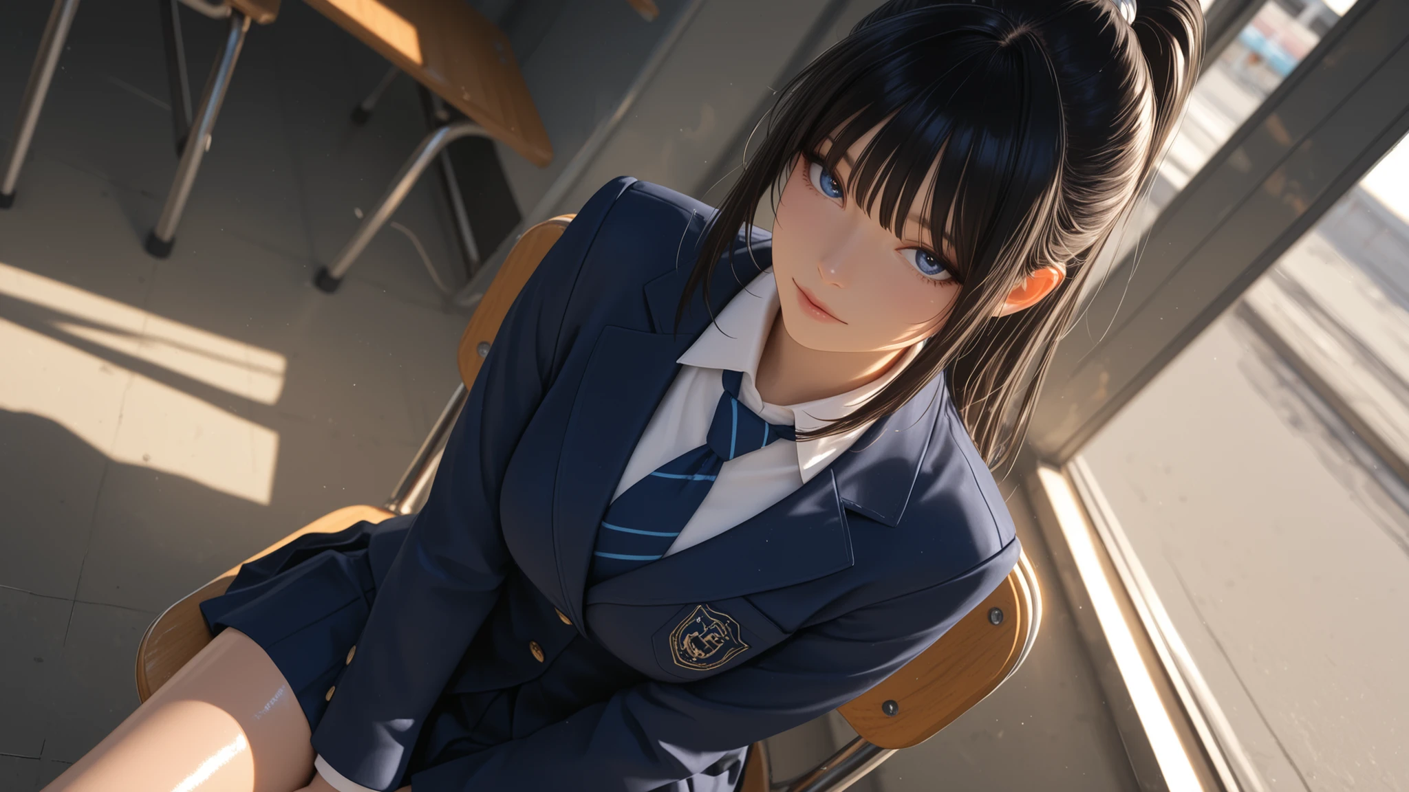 super realistic skin , shiny skin, Masterpiece , high quality , super detailed , solo , Long black hairstyles tied in a sexy ponytail in a posh school、seductive blue eyes , Beautiful high school girls in miniskirts , Blazer uniform、Morning to school , light , sitting on a chair (elegant sitting) , STATION , Take another photo of the upper body , viewer oriented , light giờ vàng , strong shadow , rich detail , dynamic angle , dynamic lighting , large area with panoramic vision , Take another upper body photo