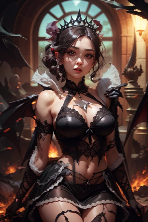 (UHD, retina, masterpiece, accurate, anatomically correct, textured skin, super detail, high details, high quality, best quality, high res, 1080P, HD, 4K, 8k, 16k), (beautiful detailed eyes, beautiful detailed lips, extremely detailed eyes and face), soft lighting, physically-based rendering, vivid colors, (large breasts:1.5), (portrait, shiny hair, shiny skin), eye reflection, (bokeh, temple, moonlight:1.5), (dragon robe, dragon corner, dragon wings, dragon tail:1.5), bob cut, hair over eyes,