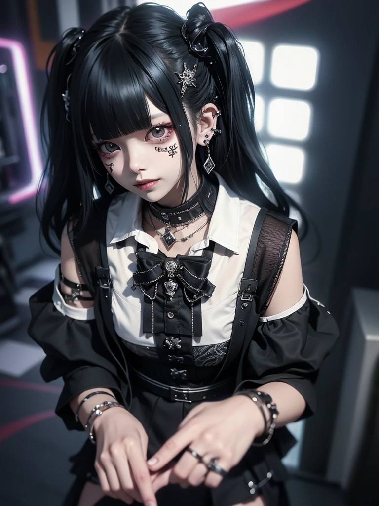 Highest quality、8K、masterpiece：1.3、Gothic Punk、The inside color is red、Black-haired、hair ornaments、Beautiful girl、creative、Dark Fantasy Style、Neogoth、Goth Fashion：1.2、High resolution、masterpiece、Highest quality、頭w:1.3、((Hasselblad Photos))、Fine skin、Sharp focus、(Cinematic lighting)、Realistic textured hair、((Black Mask)),Esbian all over、((View from below))