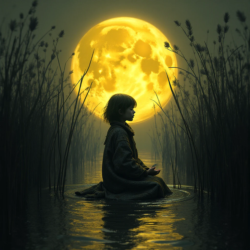A mysterious child in a patchwork quilt robe meditates among shadowy ...