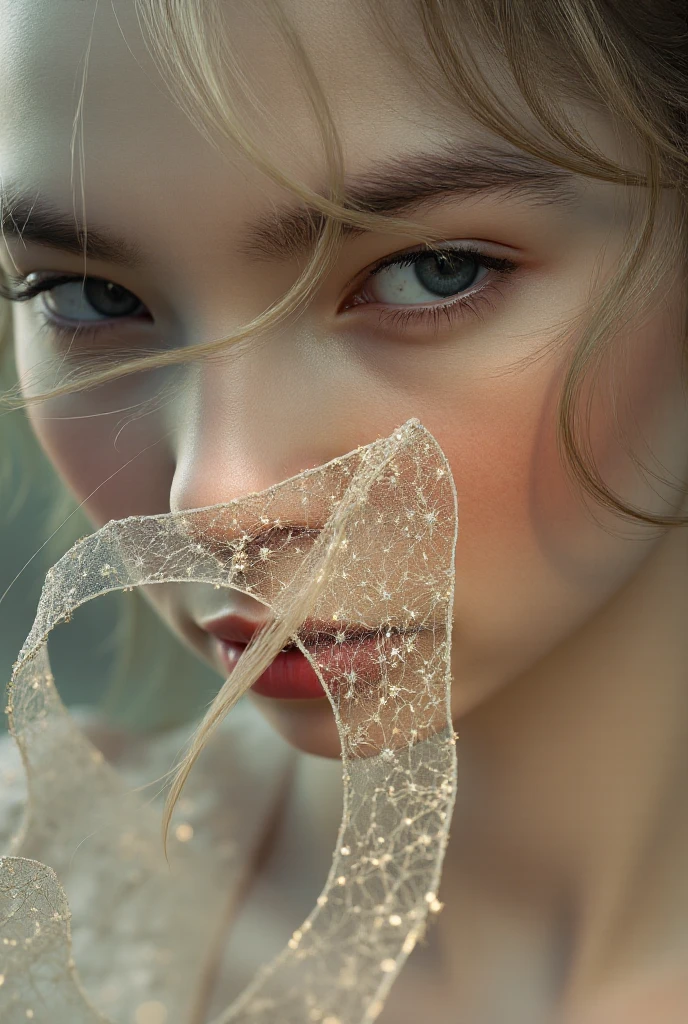 Ethereal, surreal photo of a woman with intricate web-like structures on her face and head, background soft and blurry to enhance the ethereal quality, woman looking directly at the camera with a neutral expression, close-up portrait focusing on the face and upper shoulders, in a misty, soft-focus setting, under soft, diffused lighting emphasizing the texture of the web structures, eye-level shot, taken with a Nikon D850 and a 105mm f/2.8 macro lens, in the style of Tim Walker