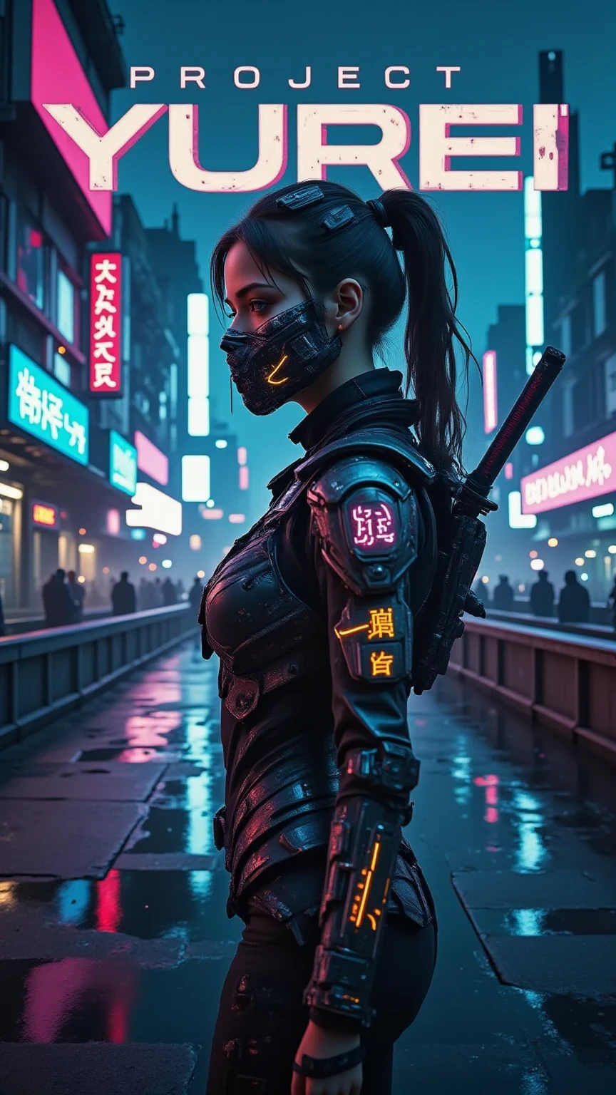 Project YUREI” in bold, minimalist, high-tech typography across the upper third of the cover.
Cinematic cyberpunk scene: a lone female figure (Hanako) standing on a rain-soaked rooftop in Neo-Kyoto, side view. Long dark hair, fitted tactical clothing, katana in hand, faint cybernetic lines glowing along her spine. Neon signs and holographic kanji reflect in puddles. Distant silhouettes of megacorp towers loom above, with subtle hints of surveillance drones in the fog.
Cool color palette: deep blues, silvers, violets.
Mood: mysterious, tense, atmospheric; a world of corporate shadows and hidden augmentations.
High-detail, realistic lighting, dramatic contrast, soft mist and drifting embers.