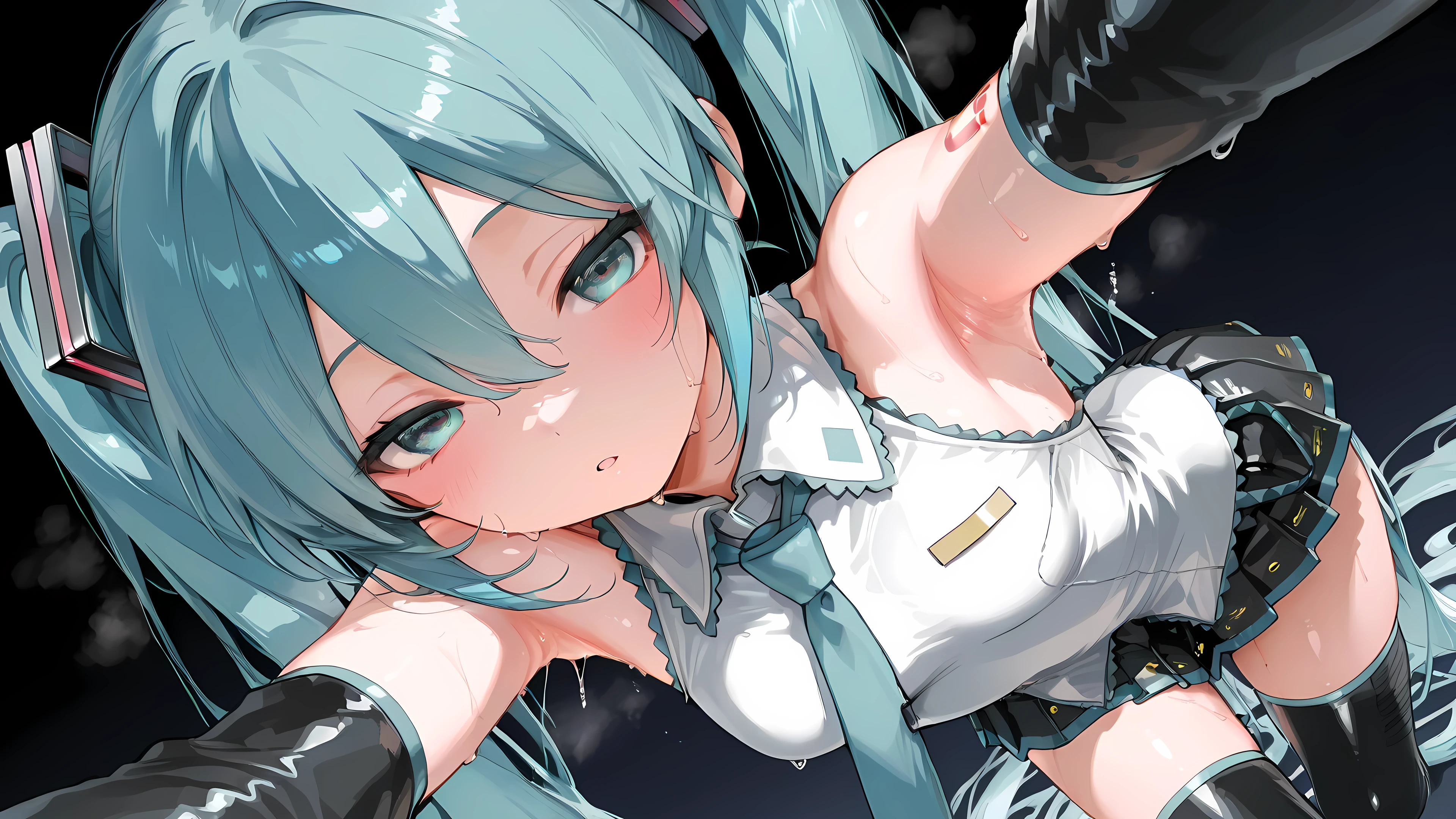 hatsune_miku bad_id bad_pixiv_id 1girl  aqua_hair breasts closed_eyes female_ grabbing_own_breast leg_lift long_hair  _stimulation _tweak    _around_one_leg  peeing  saliva simple_background sitting solo striped_clothes striped_ sweat tears thighhighs twintails   very_long_hair