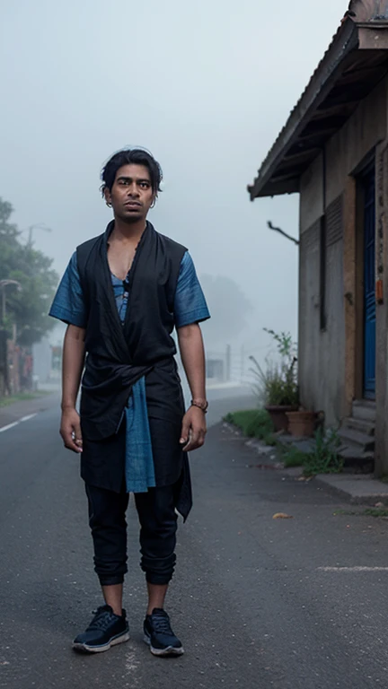 Indian god of wanderers in traditional clothes in the middle of a dark and scary road along with his thousands of faithful