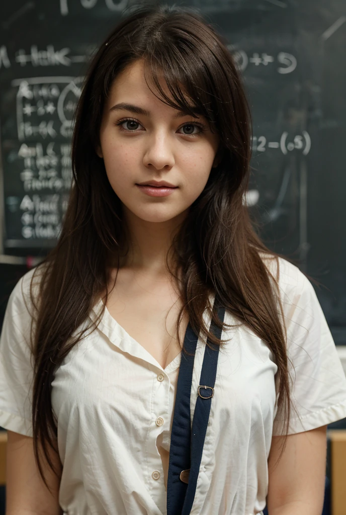 ((best quality)), ((masterpiece)), (detailed), 13-year-old girl, black hair, short hair, , standing in a classroom, 