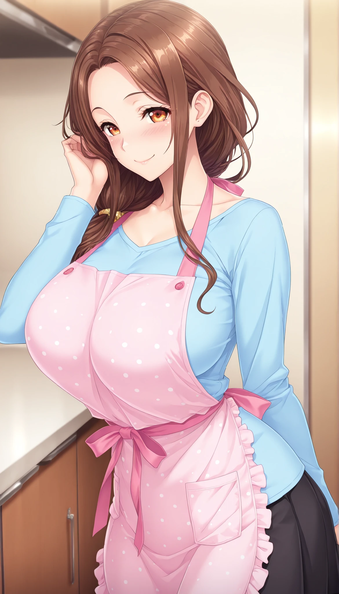 masterpiece, best quality, good quality, 1 girl, Segawa Kaede, brown hair, long hair, wavy, amber eyes, adult, large medium breast, beautiful breast, perfect ratio, slim, game cg style, blush, horny, slutty, smile, pink apron with yellow polka dots, blue long-sleeve shirt, black skirt