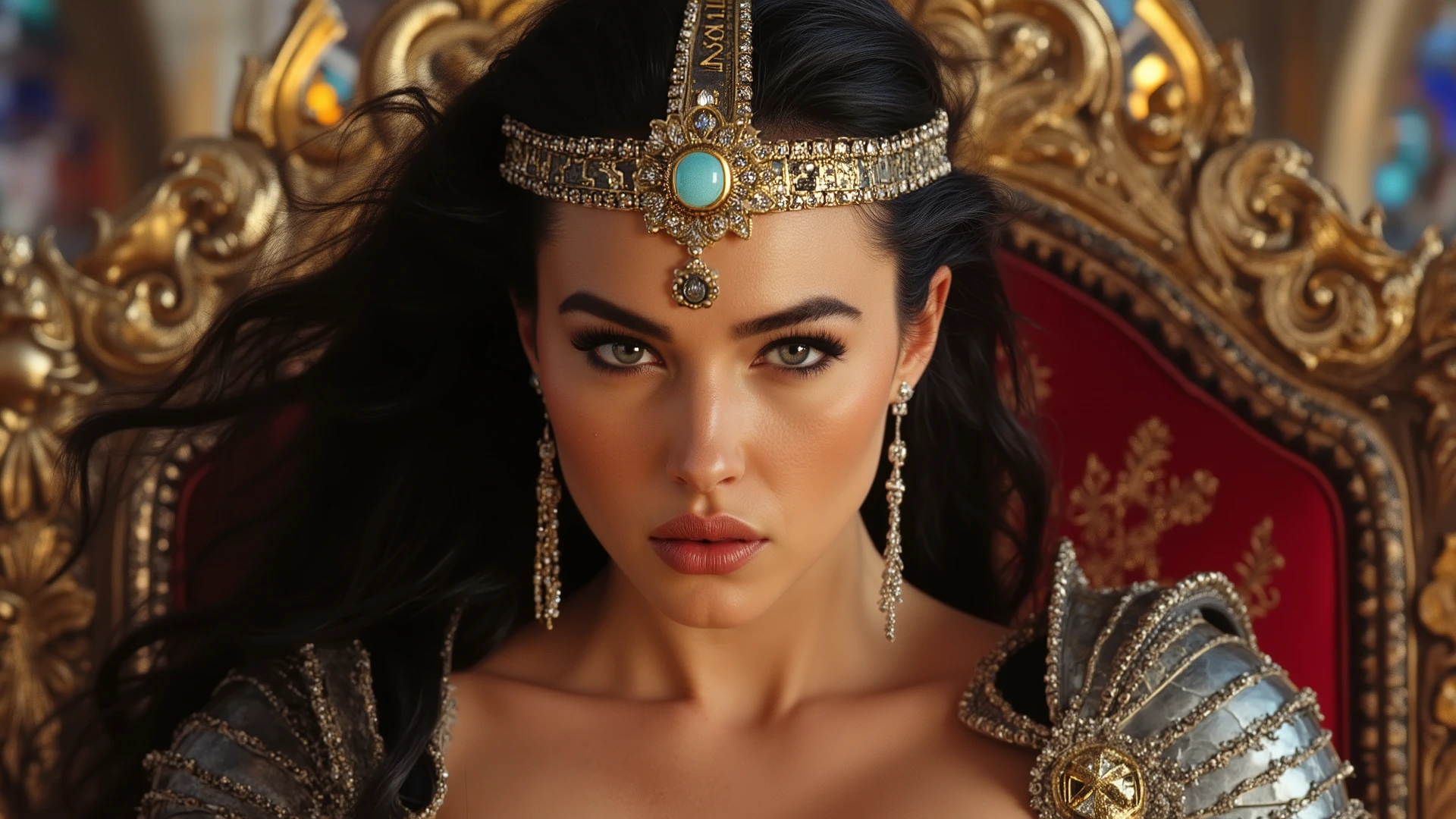 Flawless digital image of a stunningly beautiful, enchantress with gorgeous hair wearing super-sexy, revealing, medieval armor. Tall black leather boots. She squints slightly through sultry, blue-gray, prismatic eyes, dark mascara. Long black hair with white steaks. She wears a simple, fitted, gold and silver circlet with runic etchings and a small opal affixed in the center front, surrounded by tiny diamonds. She leans back on an opulently adorned throne, holding a magnificent scepter in her hand. Glossy-red lipstick. HDR, blink-and-you-miss-it detail, intricate detail, SSAO, OLED, Color Grading, subsurface scattering, global illumination, volumetric lighting, Arnold render, normal mapping, anti-aliasing, deep depth of field Canon EOS 5D Mark IV camera with a Canon EF 50mm f/2.8L II USM lens, cinematic front-lighting. Close up HD digital photography, stunning pose. Rays of light stream in through stain glass windows.