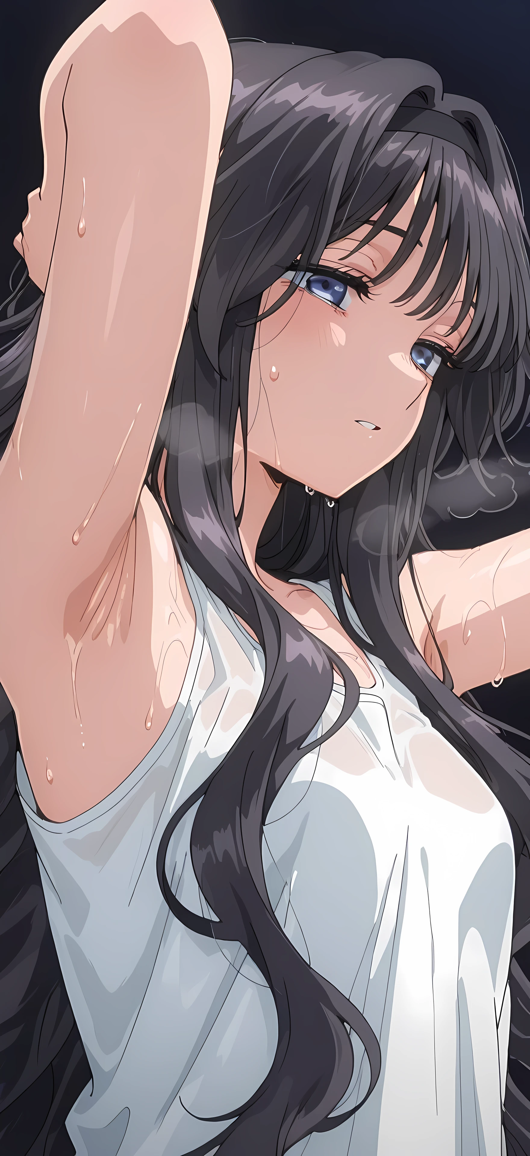 kaoruko waguri, long hair, blue eyes, black hair, very long hair, sidelocks, hairband, wavy hair, hair intakes, black hairband, mature female, , anime screencap, white tank top , 748cmstyle, young female, small , anime screencap,、I can see my armpits all over the screen、sweatyの腋を視聴者に押しつける、show my armpits to the viewer、、sweat springs out of my armpits、sweaty、Female body with sweat、dripping armpit sweat, 8K Ultra HD、bewitching gaze、8k highest quality、simple dark background, looking at viewers, ((detailed hair)), (((half body shot))), (super detailed eyes), (gasping for air), close up, dinamic pose, dinamic angle, side angle