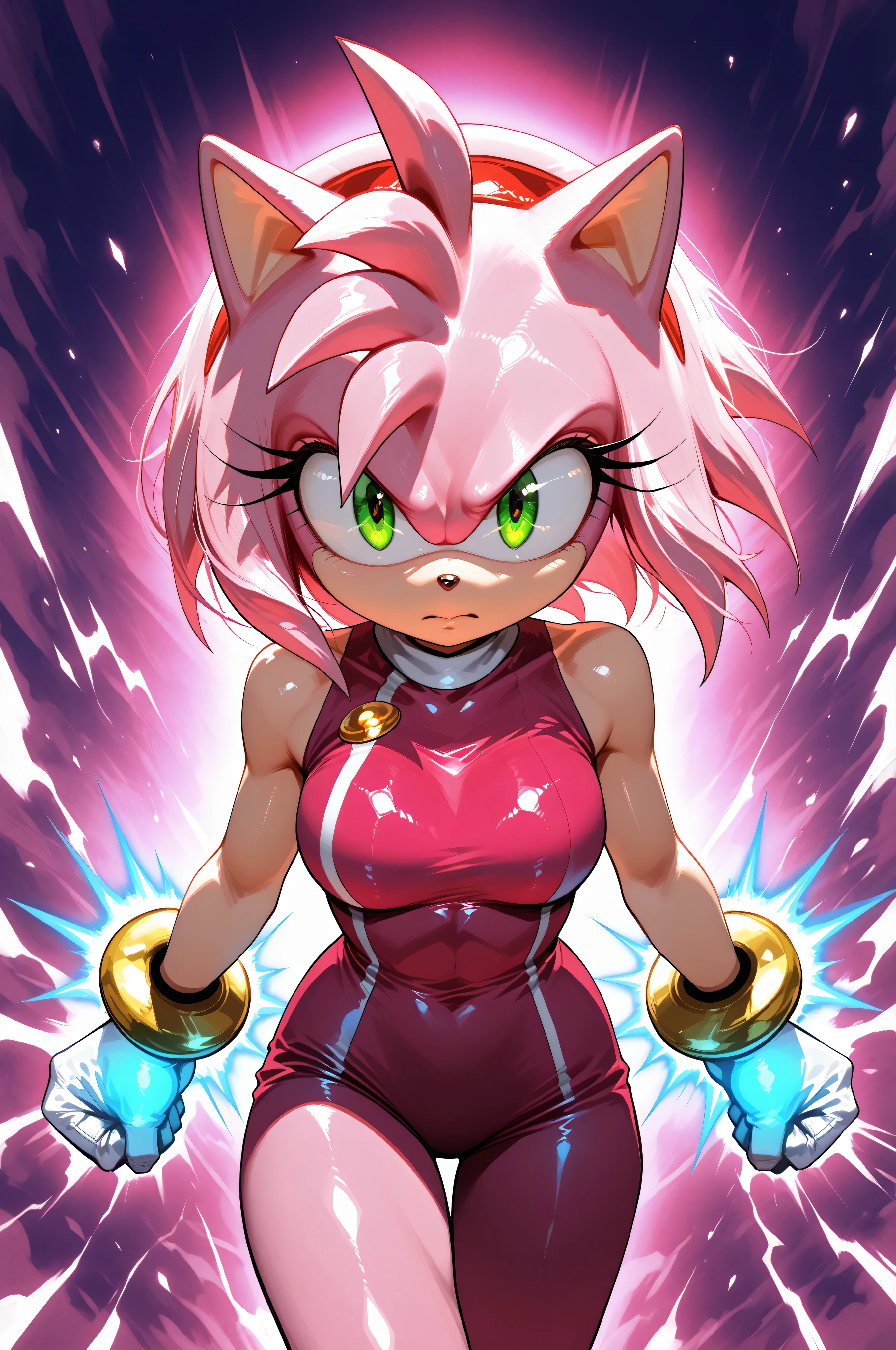 amy rose,furry female,pink fur,short hair,green eyes,pink hair,Shiny skin,“Create a dynamic anime-style character illustration of a pink anthropomorphic warrior girl channeling immense power. Her hair erupts in sharp, glowing blue spikes like a Super Saiyan transformation. rendered in vibrant cel-shaded lighting. ((she only have 5 finfers))Surround her with explosive blue electric arcs and a radiant energy core beneath her. Use highly saturated colors, dramatic rim lighting, and a heroic, action-packed pose. Style inspired by shonen anime power-up scenes.”
