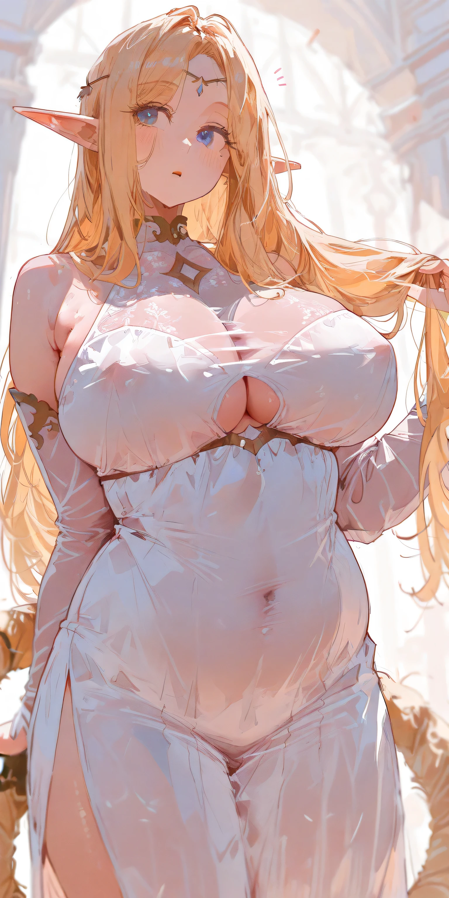 masterpiece, Best Quality, great quality,great details,8K,beautiful body ratio, solo,girl, , blonde busty elf princess, , curious gaze, blue eyes, covered cleavage, long twin tail hair, fully clothed, elf dress, sfw, correct eyes, short and chubby