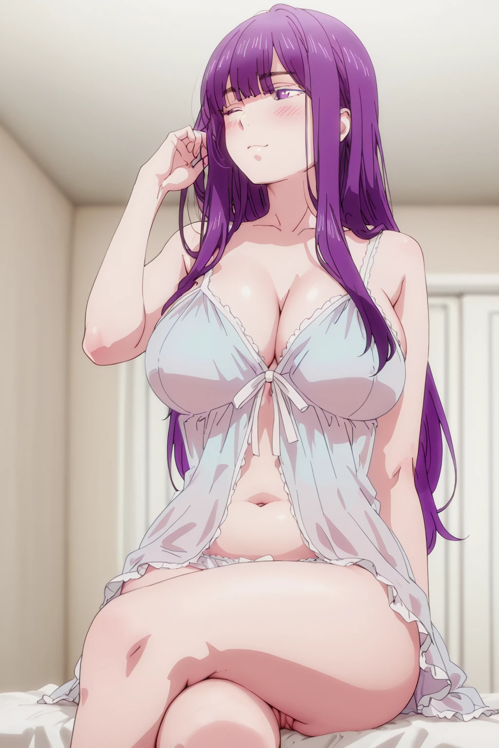 Yuigahama Yui,Anime,Bikini blanc, wet, wet bikini,Clivage en gros plan，Fond gris simple，Focused breast，Creux sur，cleanliness，Taste，Affiche pour，tit，seins Nedium，lateral breasts.kneeling on the bed, Seins qui fuient, , , , gros seins, shyness