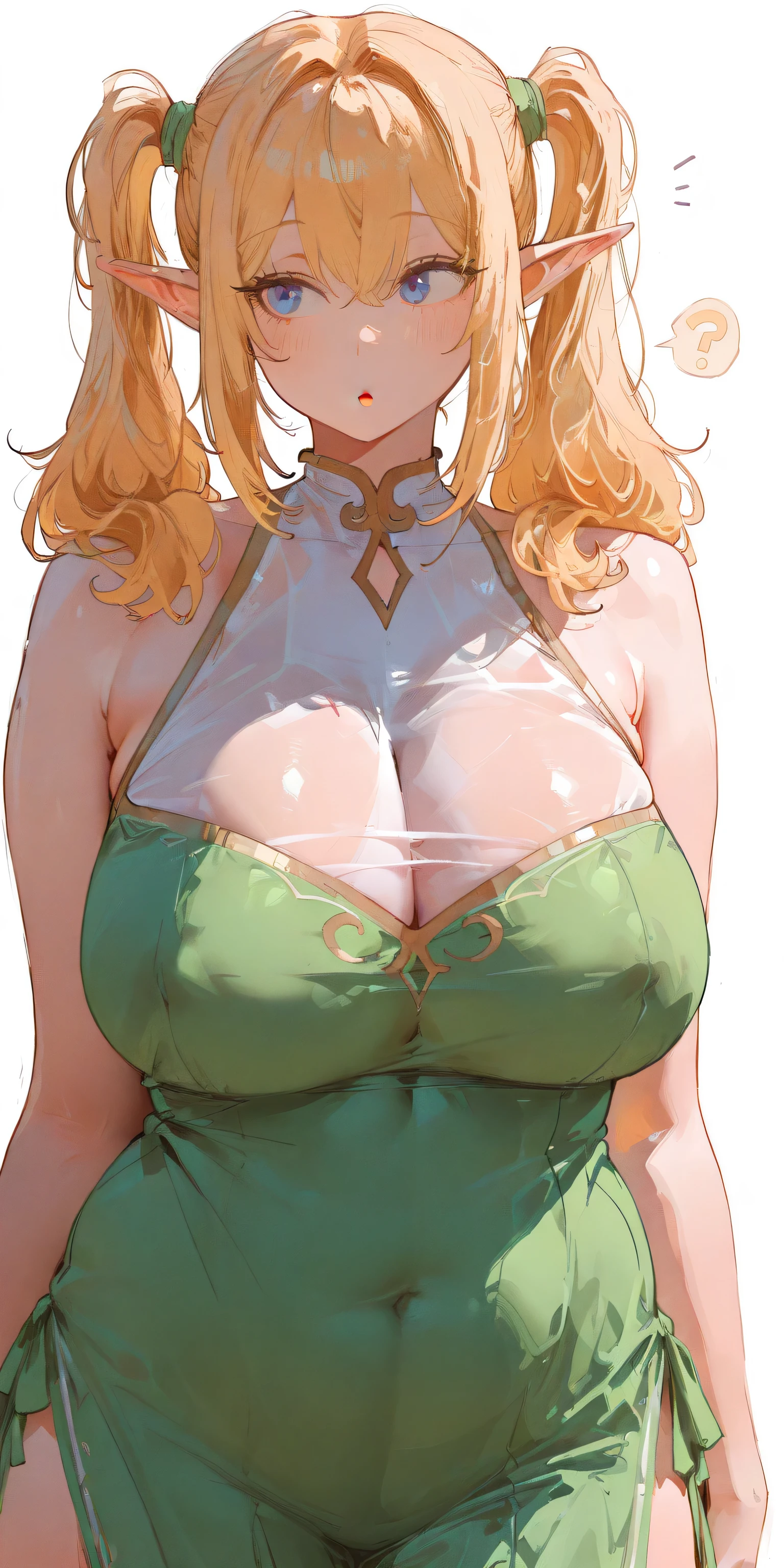 masterpiece, Best Quality, great quality,great details,8K,beautiful body ratio, solo,girl, , blonde busty elf princess, twintail hairstyle, , curious gaze, blue eyes, covered cleavage,, fully clothed, elf dress, sfw, correct eyes, short and chubby, child like