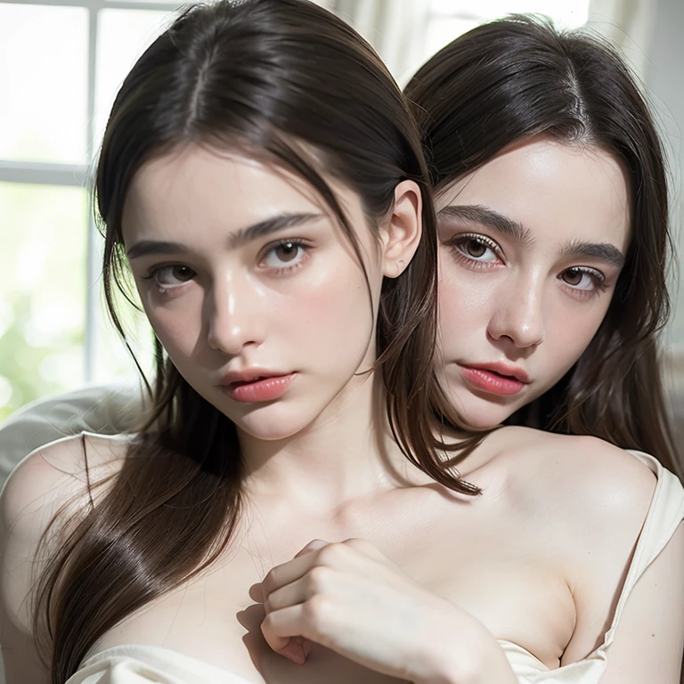 ((:1.3)),((Masterpiece:2)),((Best quality:2)),((ultra detailed photography:2)),((masterpiece:2)),(pastel color:1),((cute faces:2)),(big breasts:1.7),(beautiful legs:2),(firm abs:2),(athletic legs:1),(flat stomach:2),(slim waist:1),(big hips:1.8),(big ass:2),(visible stomach:2),(visible iliac muscles:1),((thin arms)),(beautiful ),(cute eyes and eyelashes:1.6),((cute face:2)),(((beautiful breasts:2))),(small and delicate hands),(expert and realistic hands:2),(detailed eyes and eyelashes:1.5),(small and discreet  lips:2),(hair sparse pubic:2),(small and beautiful :1.9),((2 sensual girls pose together)),((two very pretty 15 year old girls)),(two girls together standing next to each other girl),((small hands:2)),(hands behind the back),((((realistic and small hands)))),(2 girls with different heights:2),((one of the girls has bigger breasts:1.6)),(((different hair colors with hairstyles with different flower arrangements on each girl))),(((a girl wears a hairstyle with a bun))),((((())))),((forest fairy style)),(((( or fragments of fabric)))),((((florals and butterflies in hair)))),(((the 2 girls smile at the camera))),(Detailed and flirtatious face:1.8),(thick and defined lips),(((Correct anatomical measurements))),(beautiful details),((white art classroom background with white curtains)),no cracks or tattoos,no direct sunlight,no glare,no glare,((studio light)),((diffused light)),(sensual and romantic atmosphere),(the 2 girls have a flirtatious look and a very sensual smile),((expert hands)),(((one girl romantically hugs another girl around the waist))),(((2 girls are standing supporting each other))),((((standing posture)))),(anatomically coherent),(a girl hides her hands behind those of the other model's back or behind her body),((in back-to-back contact of both girls))::(art classroom with white curtains and white backgrounds)::((((looking flirtatiously at the camera))))::((photo from knee to top)),((normal photo frame)).