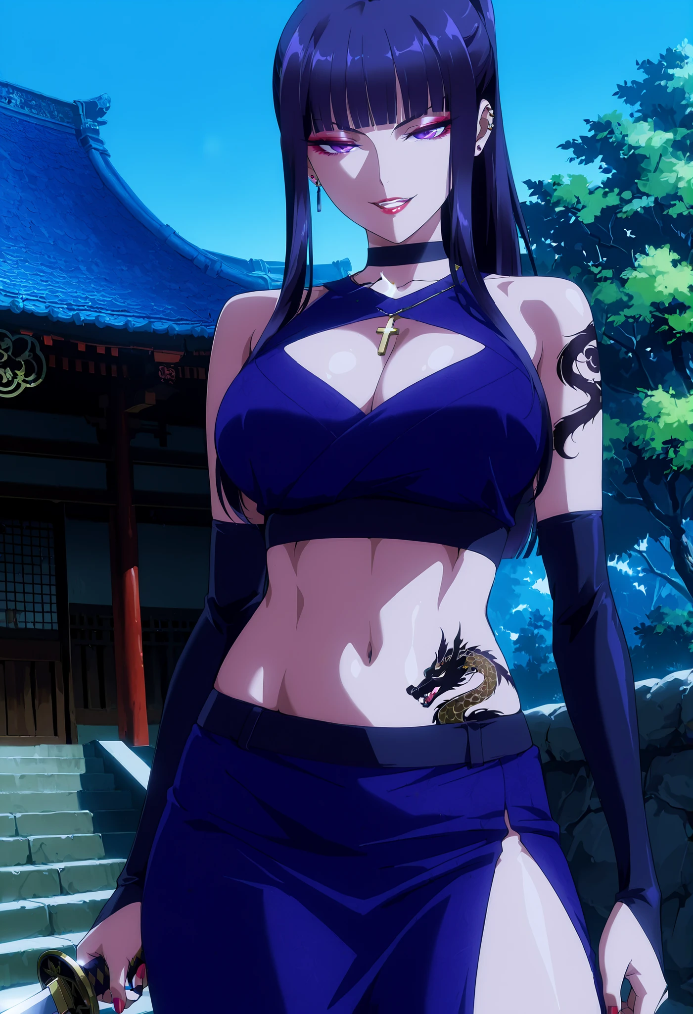 1girl,mature female, sakatoku mai, purple eyes, long hair, black hair, blunt bangs, ponytail, sidelocks, makeup, eyeshadow, lipstick, nail polish, ear piercing, long hair, , lipstick, Hot girl, baddie, smoking, sensual, attractive ,choker, ,cross necklace,,sleeveless kimono,cleavage cutout,obi,arm strap,,elbow gloves,bridal gauntlets,
masterpiece, best quality, highly detailed, a girl in kimono ,holding sword,  shoulder,,
evil smile, open mouth , () , serious eyes, official artwork,beautiful
girl, short kimono pencil skirt,, exposed belly, exposed navel, ,in a
palace,exposed midriff, exposed lower belly, outdoor, japanese architecture, temple, , loose fitting kimono, ninja kimono, side slit,, medium  ,dragon tattoo on waist, narrowed eyes, tattoo on waist, anipai_style , anime screencap , anime coloring,, v-shape eyebrows,,