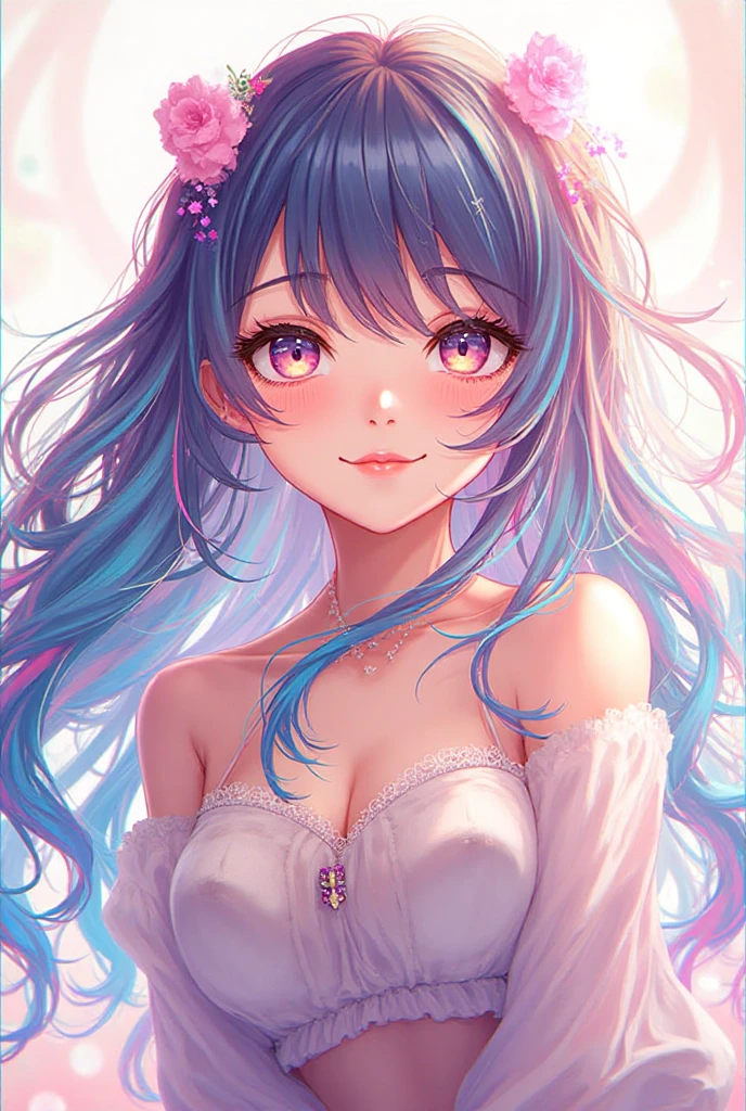 (masterpiece, top quality, best quality,watercolor (medium),official art, beautiful and aesthetic:1.2),(1girl:1.3), (fractal art:1.3),upper body, from side, looking at viewer,patterns,(rainbow color Hair,colorful hair,half blue and half pink hair:1.2),water,liquid, cloud,colorful, starry,stars,