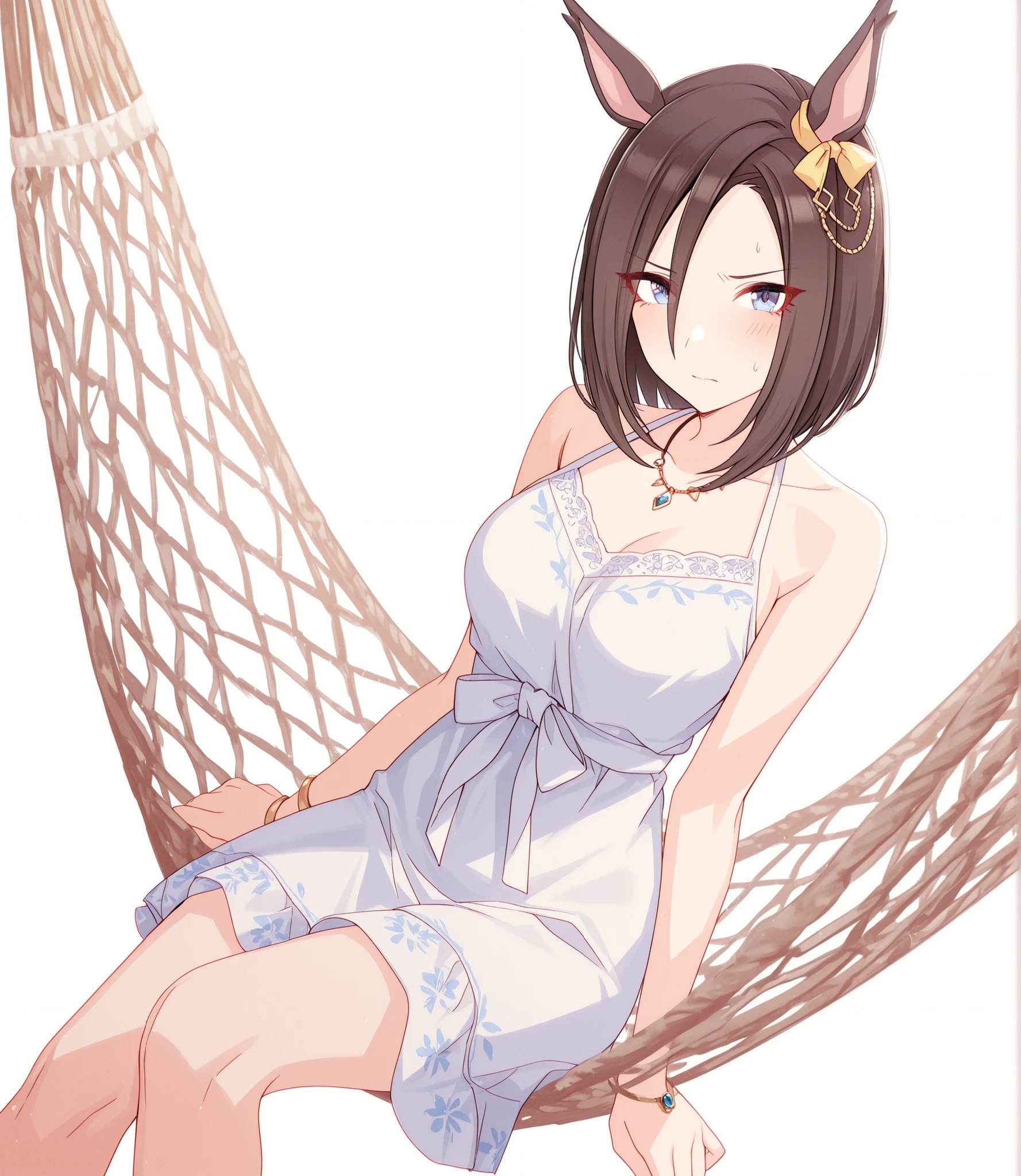 masterpiece, , absurdres, highres, detailed background, high resolution, masterpiece, necessary, detail, best quality, quality, necessary, details, High details, Precise, , (white background, simple background) , sunlight, ((dutch angle)), from above,
                                                                                                                                                                                                                         1girl, , umamusume style, tomari style, solo, <lora:XL-Tomari-veryberry00-ILXL:1>, (aged up:1.2), head tilt, sitting,(hammock ), earing,
   
tall girl, Air Groove \(umamusume\), (slim body, slim arms),(light blue eyes), black hair, short hair, tsurime, (sundress, halter neck dress), red eyeshadows, light embarrassed, jewelry, necklace, bracelet, ,
(), , ,(small ),  looking at viewer, ,  (pale skin),
