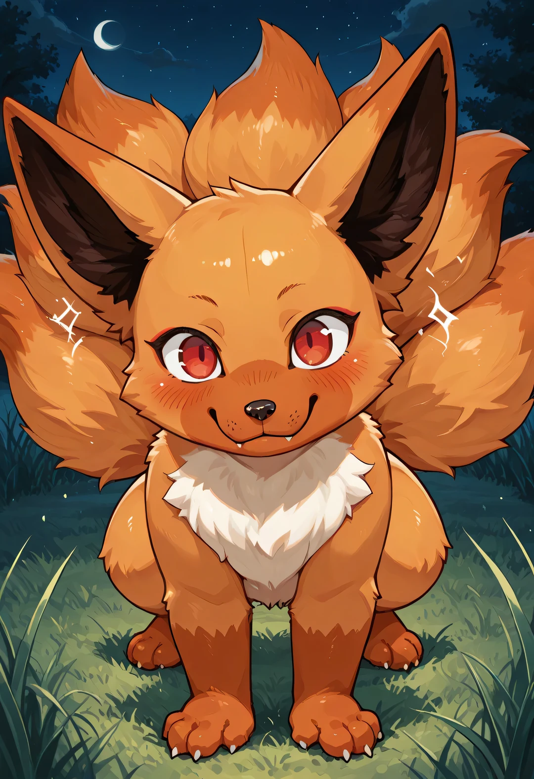 Score BREAK_9, score_8_haut, score_7_haut, source_anime, 1 filles, Seul, jeune Kurama, renard, fourrure orange, yeux rouges, plusieurs queues, 9 queues, renard whiskers, Sauvage, mignon, rougissant, Magnifique, herbe, sourire, nuit,