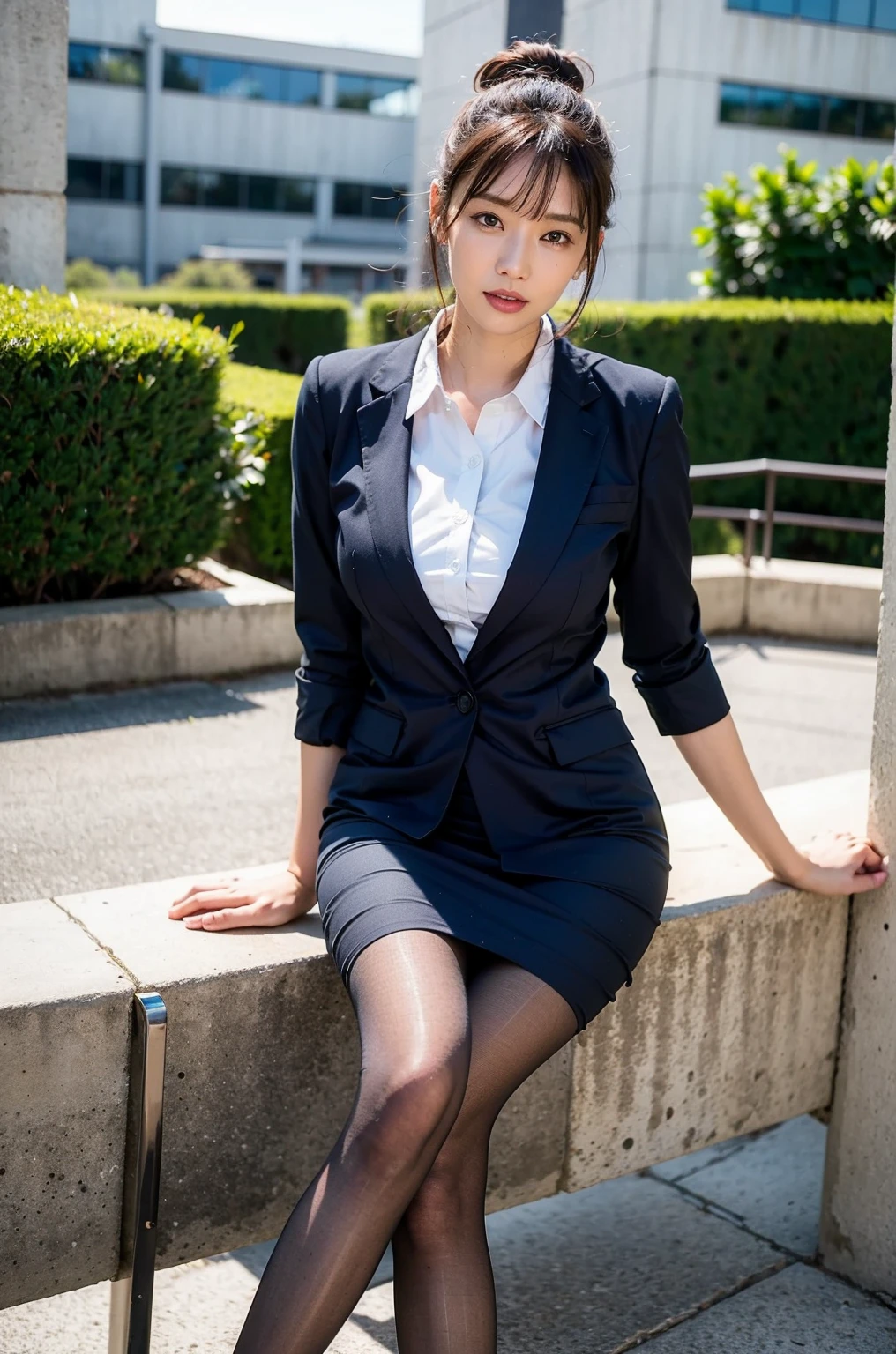 Urzan-6500-v1.1, (RAW Photos:1.2),, (Photorealistic), (The pieces fly), (Genuine:1.4), 1Mature Woman, Perfect , 48 years old, Looking at the camera, Medium Long Hair, Black vest, ((Sitting on a bench:1.3)), (Super realistic black sheer pantyhose:1.2), (High heels)、(Business services),