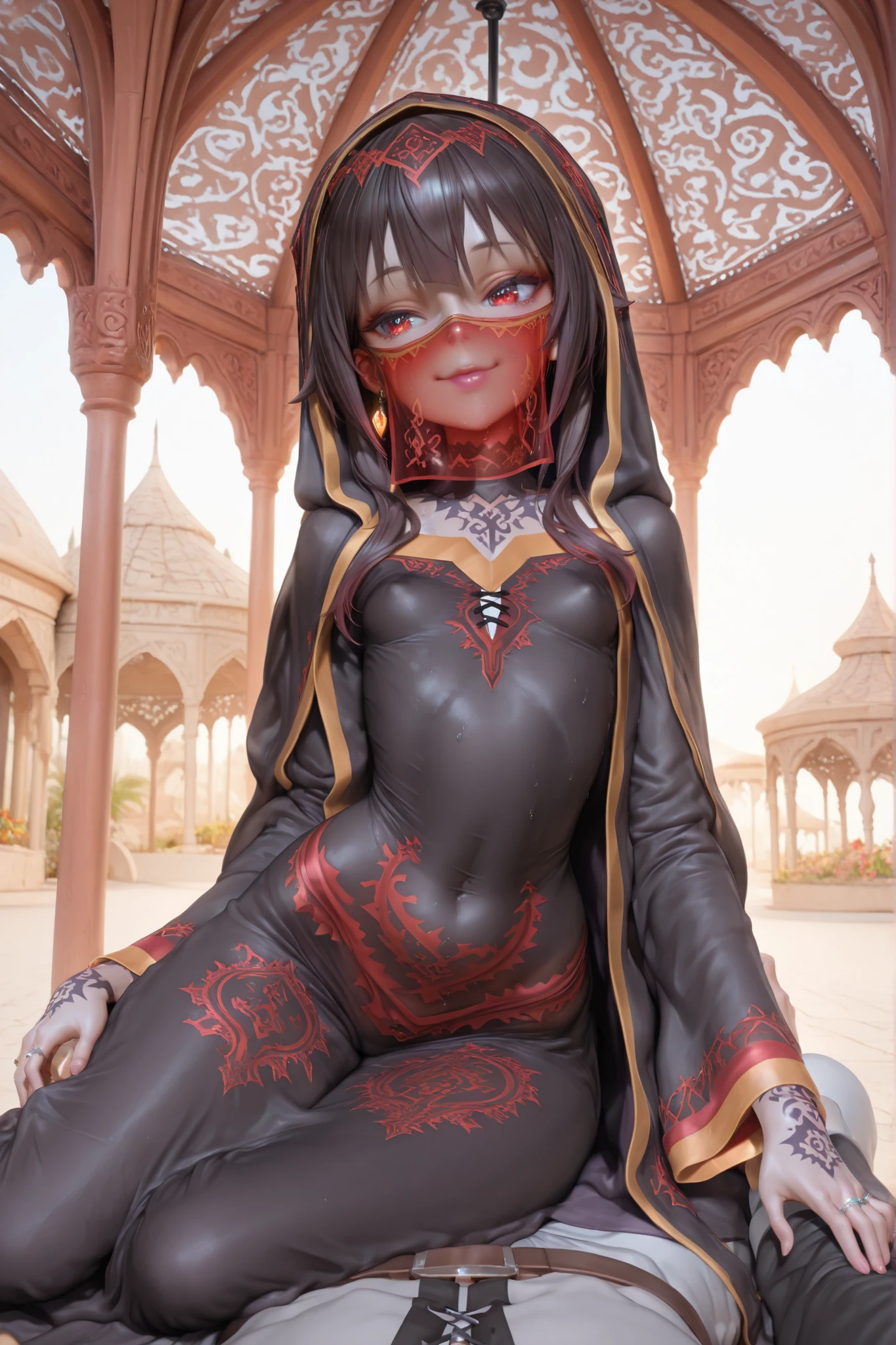 (masterpiece), UHD, HDR, high res, insane detail, 8K, bright lighting, profesional model, 1loli, round butt, curvy, small breast, thick lips, pretty eyes, solo, happy, cute, solo, baggy robe, megumin, (konosuba), happy, sweat, outdoor, morning, headpat, caressing, faceless male, enthusiast smile, venus body, enthusiastic girl, soft lips, dynamic shot, intimate angle, open legs, bold lipstick, (fully clothed), sfw, veil covering, hijab(clothing), face veil. bubble text: "im yours". underage, niqab, lying on lap, leaning down, on side, lying, male pov, arabian courtyard, garden, gazebo, intimate, cuddle, black prayer robe, sfw, henna, eyeline, ring, jewerly, earings, toddler, cute tummy