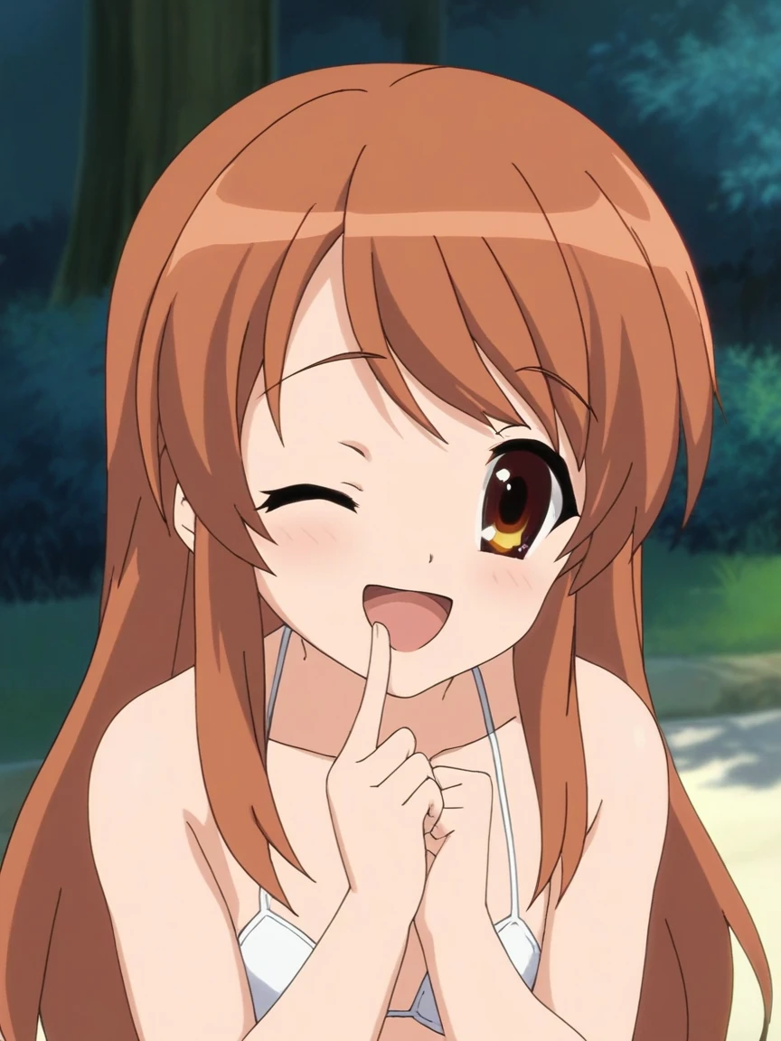 score_9, score_8_up, score_7_up, source_anime, girl, Mikuru, brown eyes, ginger hair color, long hair, , cute, happy, summer dress,  shoulders, cleavage, <lora:Mikuru_Asahina_SDXL:1>, finger on mouth, closed mouth, smile, one eye closed, wink, looking at viewer, background park, portrait,  close up, front view, masterpiece, 4k, best quality