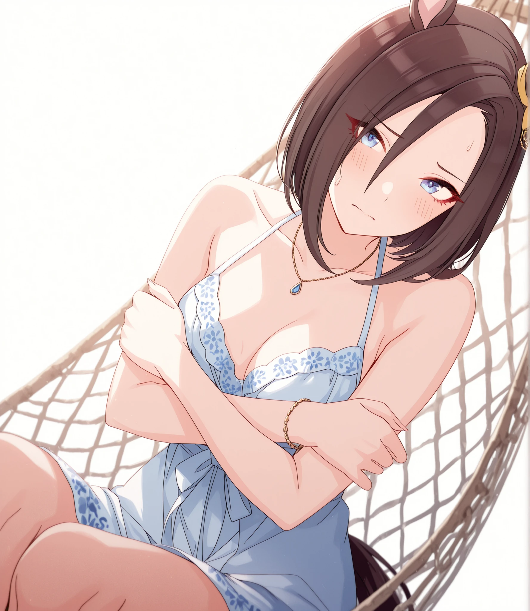 masterpiece, , absurdres, highres, detailed background, high resolution, masterpiece, necessary, detail, best quality, quality, necessary, details, High details, Precise, , (white background, simple background) , sunlight, ((dutch angle)), from above,
                                                                                                                                                                                                                         1girl, , umamusume style, tomari style, solo, <lora:XL-Tomari-veryberry00-ILXL:1>, (aged up:1.2), head tilt, sitting,(hammock ), earing,
   
tall girl, Air Groove \(umamusume\), (slim body, slim arms),(light blue eyes), black hair, short hair, tsurime, (covering , hold own arms, cleavage), (sundress, halter neck dress), red eyeshadows, light embarrassed, jewelry, necklace, bracelet, ,
(), , ,(small ),  looking at viewer, ,  (pale skin), (ecstasy),half-closed eyes,