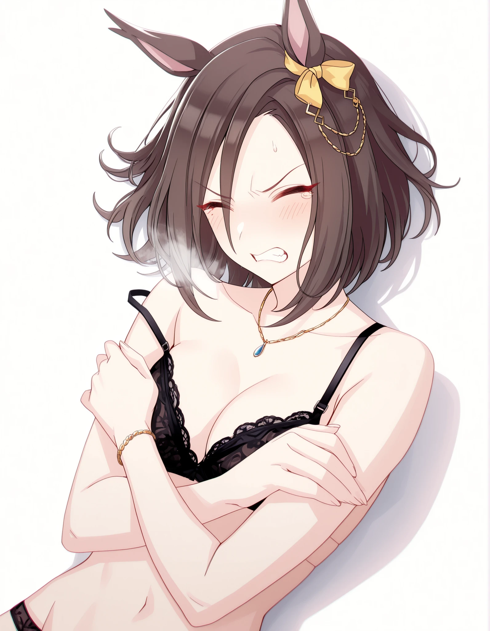 masterpiece, , absurdres, highres, detailed background, high resolution, masterpiece, necessary, detail, best quality, quality, necessary, details, High details, Precise, , (white background, simple background) , sunlight, ((dutch angle)), from above,
                                                                                                                                                                                                                         1girl, , umamusume style, tomari style, solo, <lora:XL-Tomari-veryberry00-ILXL:1>, (aged up:1.2),(head down),(on back),earing,(((wince, , angry))), heavy breath, ,
   
tall girl, Air Groove \(umamusume\), (slim body, slim arms),(closed eyes, tears), black hair, short hair, tsurime, (covering , hold own arms, cleavage), (dark bra, panties), red eyeshadows, light embarrassed, jewelry, necklace, bracelet, ,
(bra strap slip), , ,(small ),  looking at viewer, ,  (pale skin), half-closed eyes,